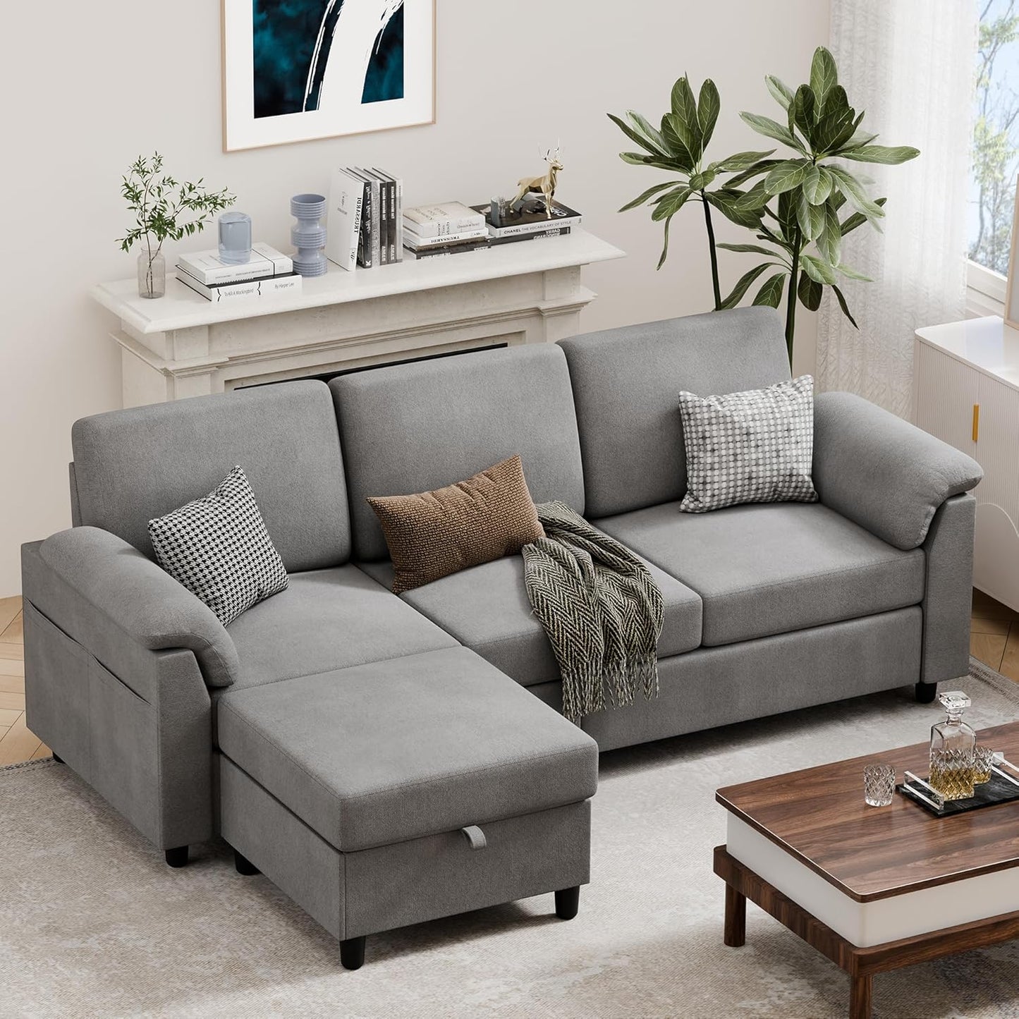 Vongrasig 79" Convertible Sectional Couch Sofa with Storage Ottoman, 3 Seat L Shaped Couch with Side Storage Pockage, Linen Fabric Small Couches for Living Room, Apartment and Small Space, Black