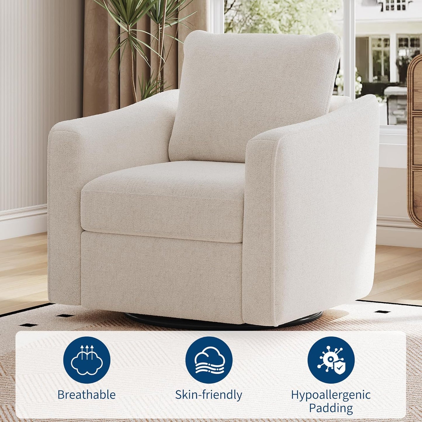 Accent Chair for Living Room, 360° Swivel Reading Chair, Modern Linen Fabric Armchair for Living Room, Comfy Upholstered, Single SofaChair, Beige