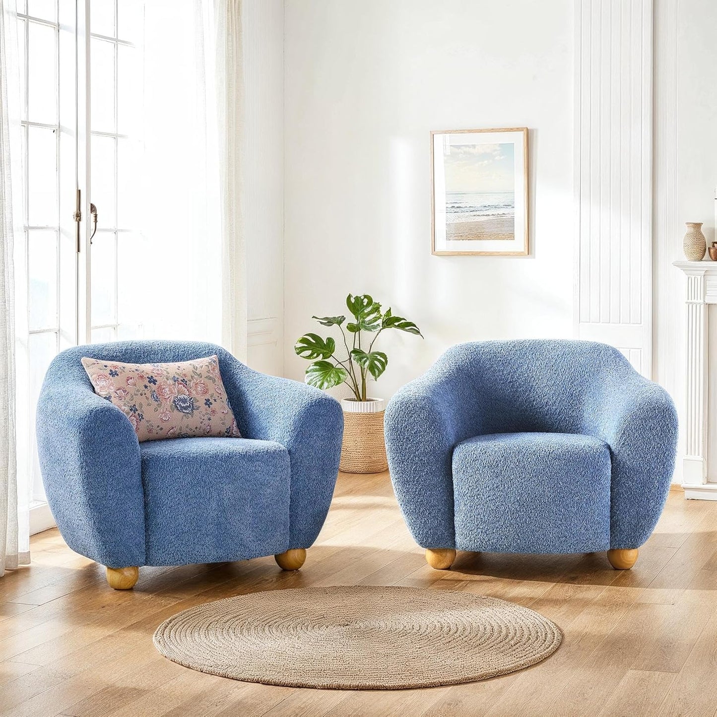 Walker Edison Linley Contemporary Bouclé Accent Chair with Wood Legs, Ivory