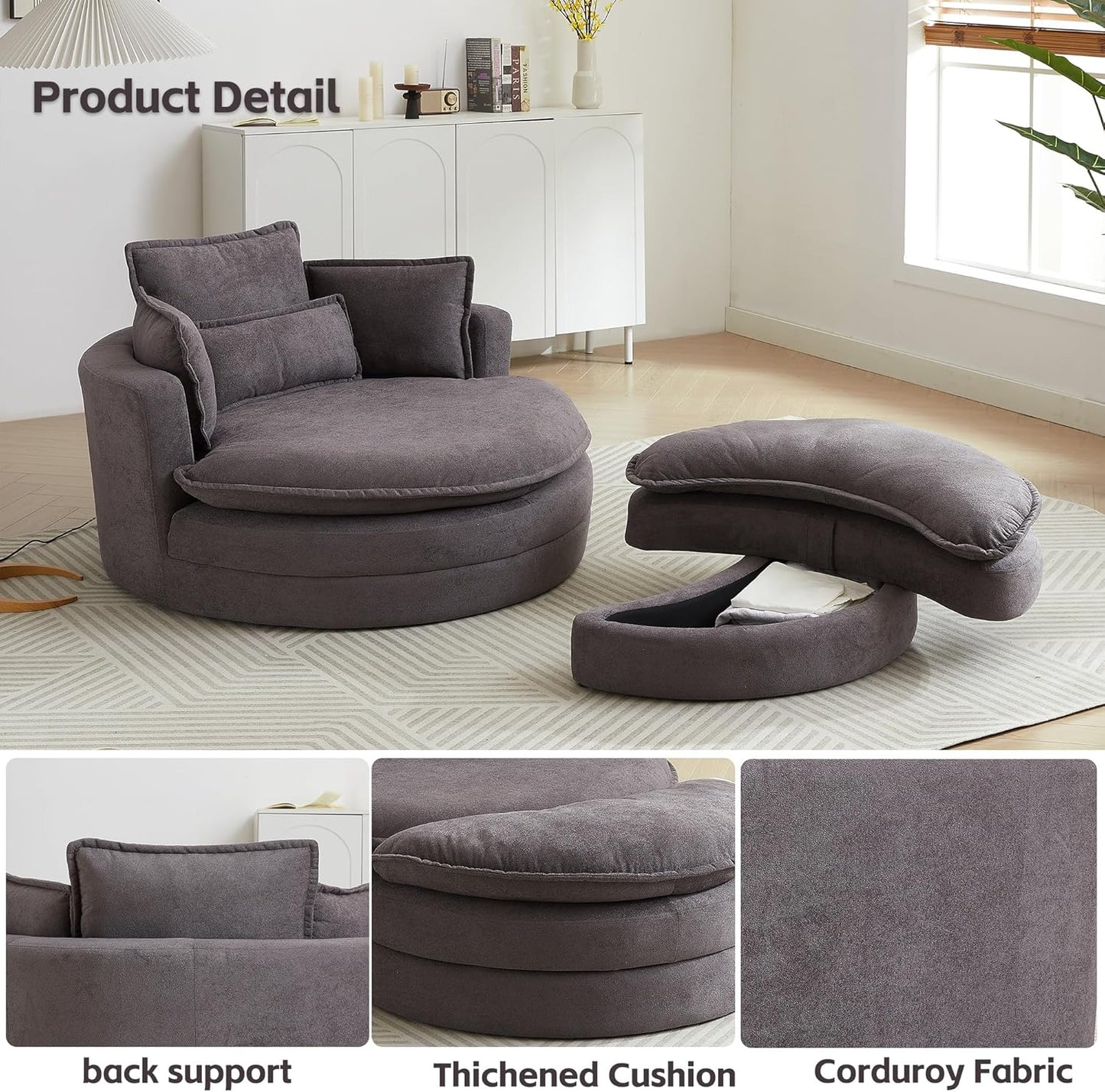 52'' Accent Swivel Barrel Chair with Storage Ottoman,Modern Oversize Round Swivel Leisure Armchair for 4 Pillows, Chenille Fabric for Living Room,Hotel,Club Lounge Chair,Grey…