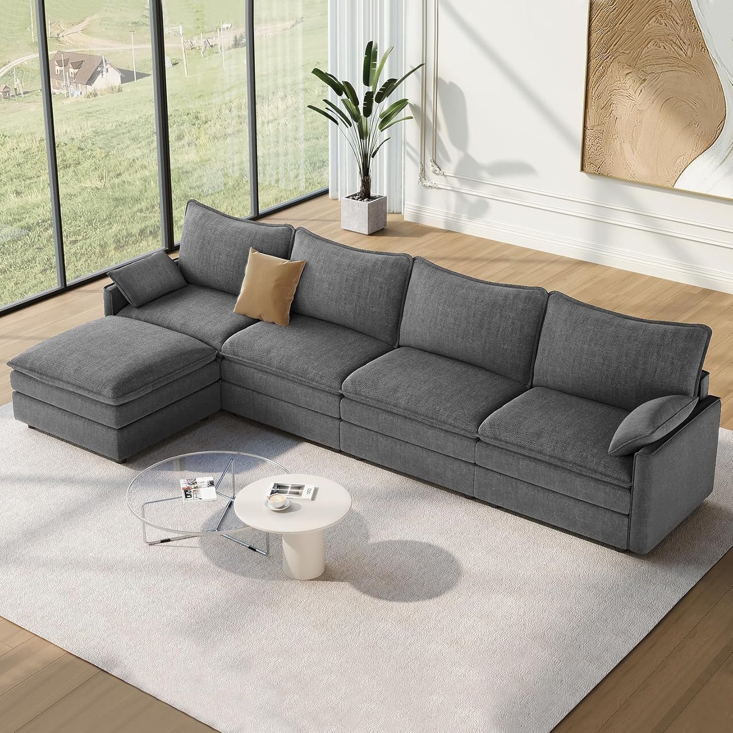 Vesgantti 108" Modular Sectional Sofa, Comfy Cloud Couch with Movable Ottoman Deep Seat Chenille L Shaped Modular Sofa, Sectional Couches for Living Room, Bedroom and Apartment, Beige