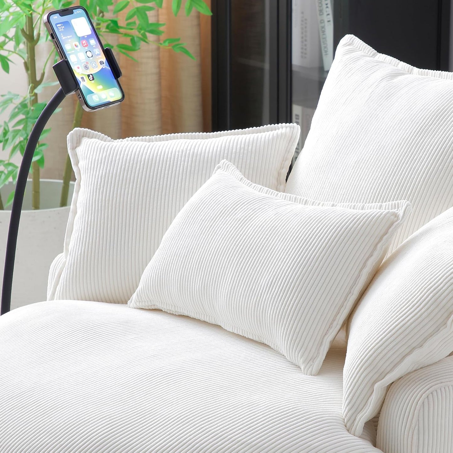 Swivel Barrel Chairs with Ottoman and Gooseneck Phone Holder, Upholstered Accent Swivel Chair with Storage Footrest for Living Room Bedroom Office Studio Ivory White
