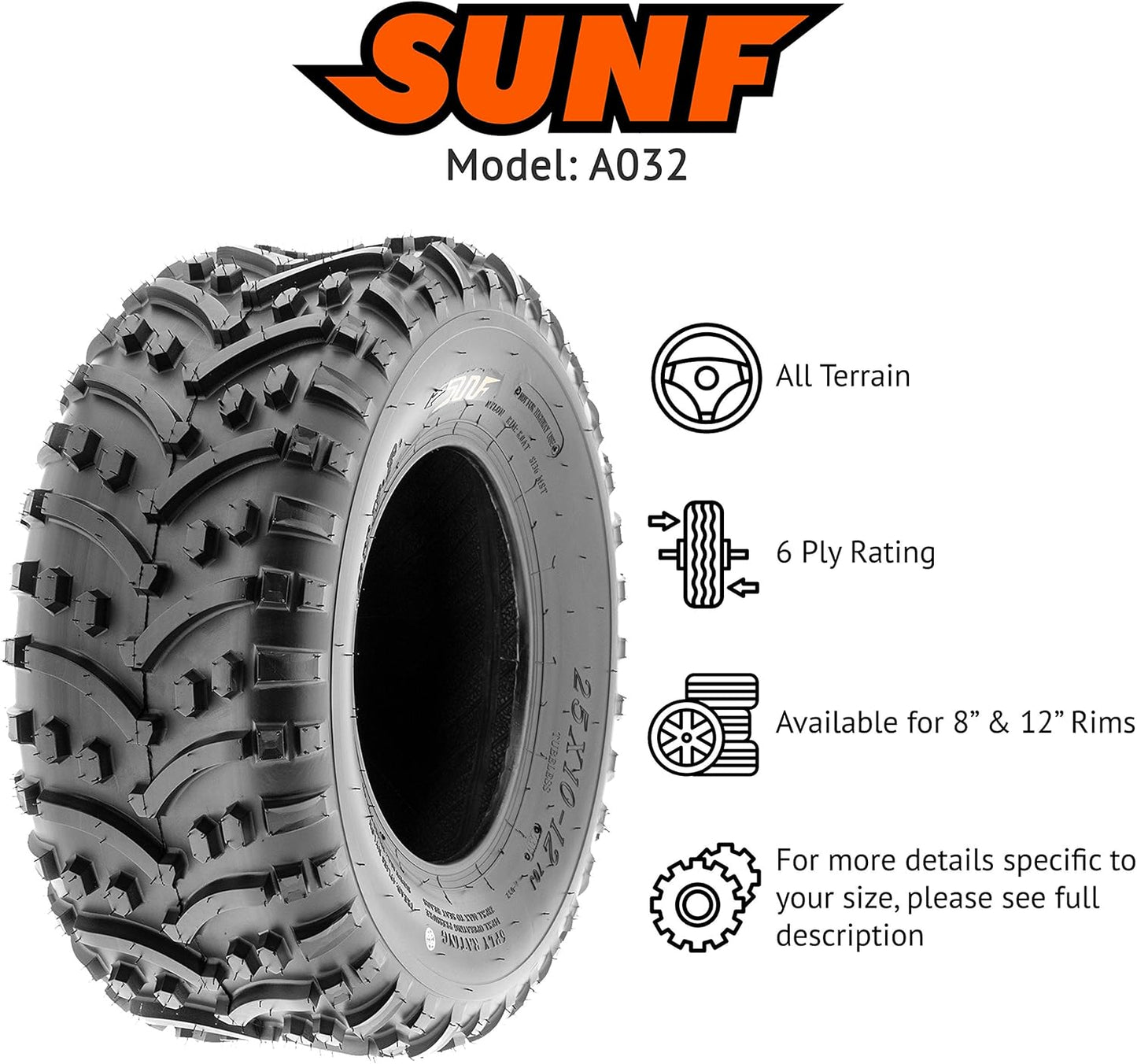 SunF 22x11-8 ATV UTV Tire 22x11x8 Knobby Tubeless PR A032 - PAIR of 2