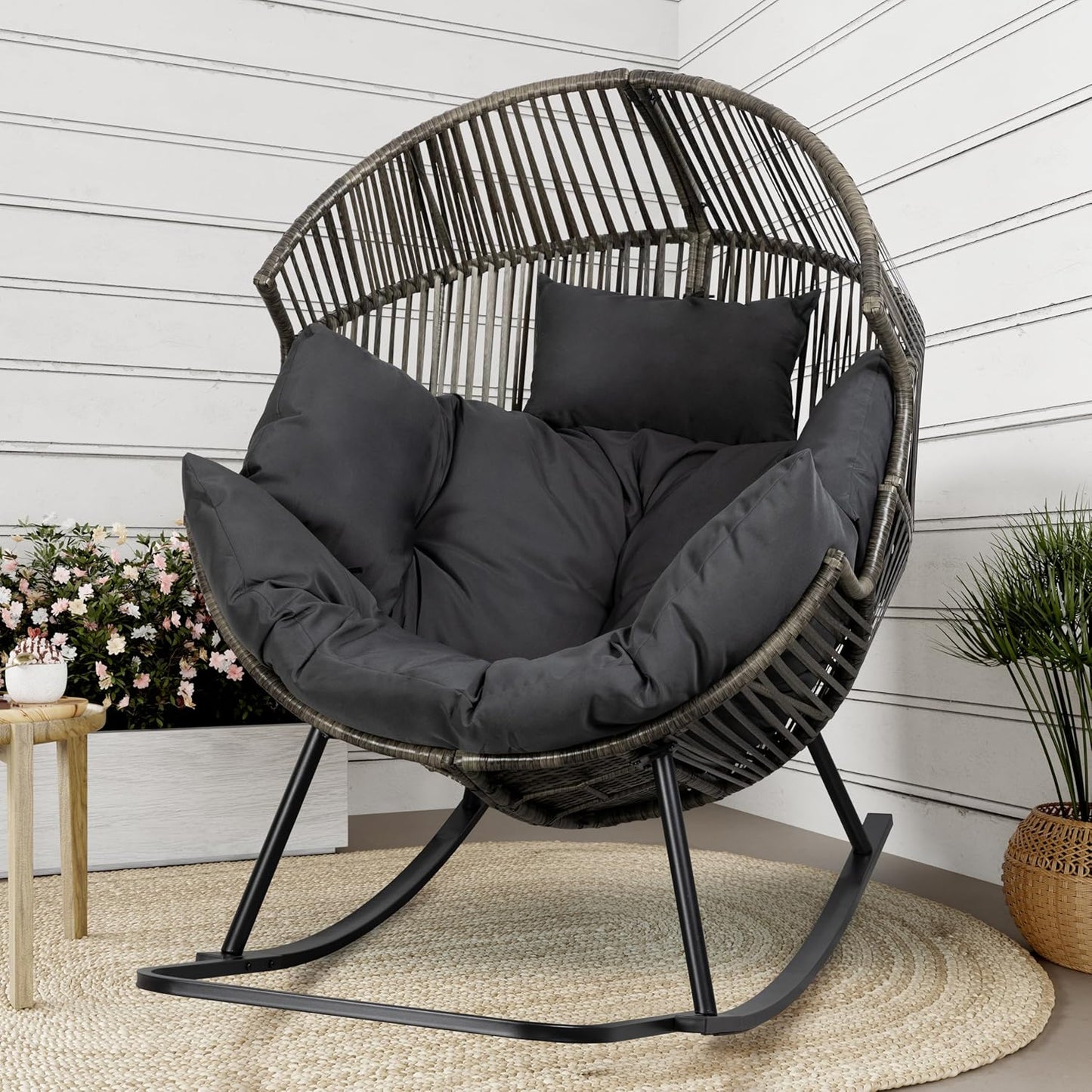 Shintenchi Wicker Egg Chair Outdoor Rattan Patio Chair with Cushion,Oversized Patio Lounge Chairs with Cushion Egg Basket Chair, Egg Seat for Indoor Living Room Bedroom Outside Patio Backyard Balcony