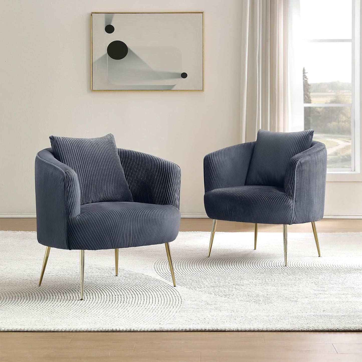 Art Leon Accent Chair Set of 2, Modern Velvet Upholstered Armchairs, Living Room Side Chairs Barrel Chairs with Golden Metal Legs, Off White