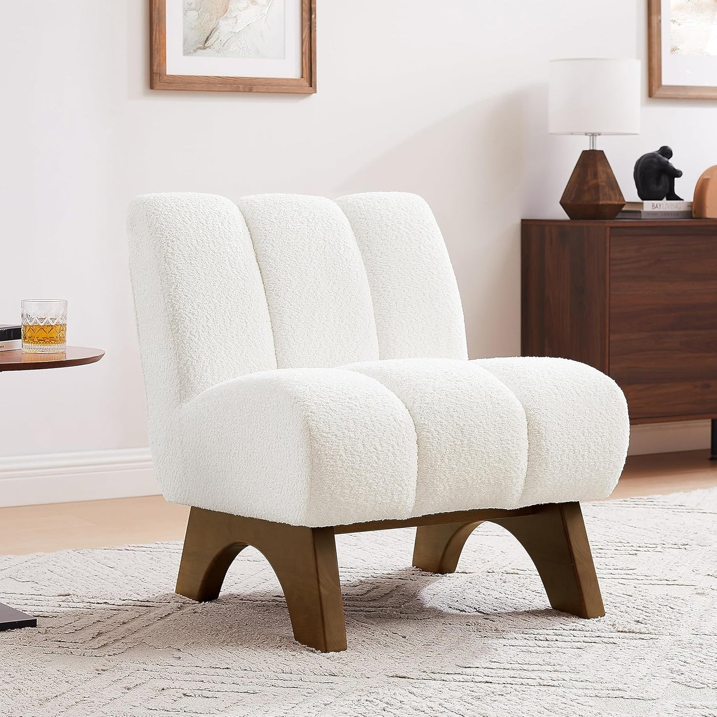 Art Leon Modern Accent Chair, Sherpa Fabric Modular Single Sofa Chair, Armless Chair with Wooden Legs for Living Room Bedroom, Green