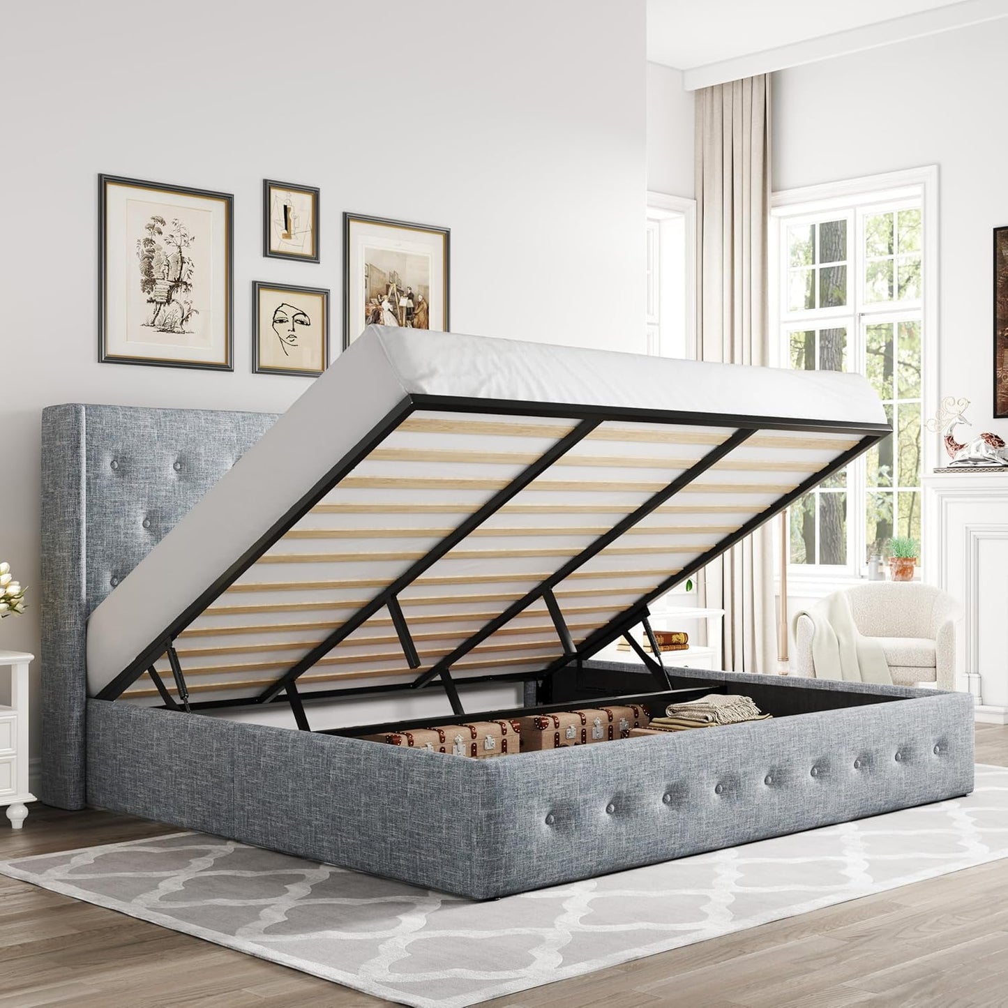 Allewie King Size Lift Up Storage Bed, Modern Wingback Headboard, Hydraulic Support, No Box Spring Needed, Light Beige