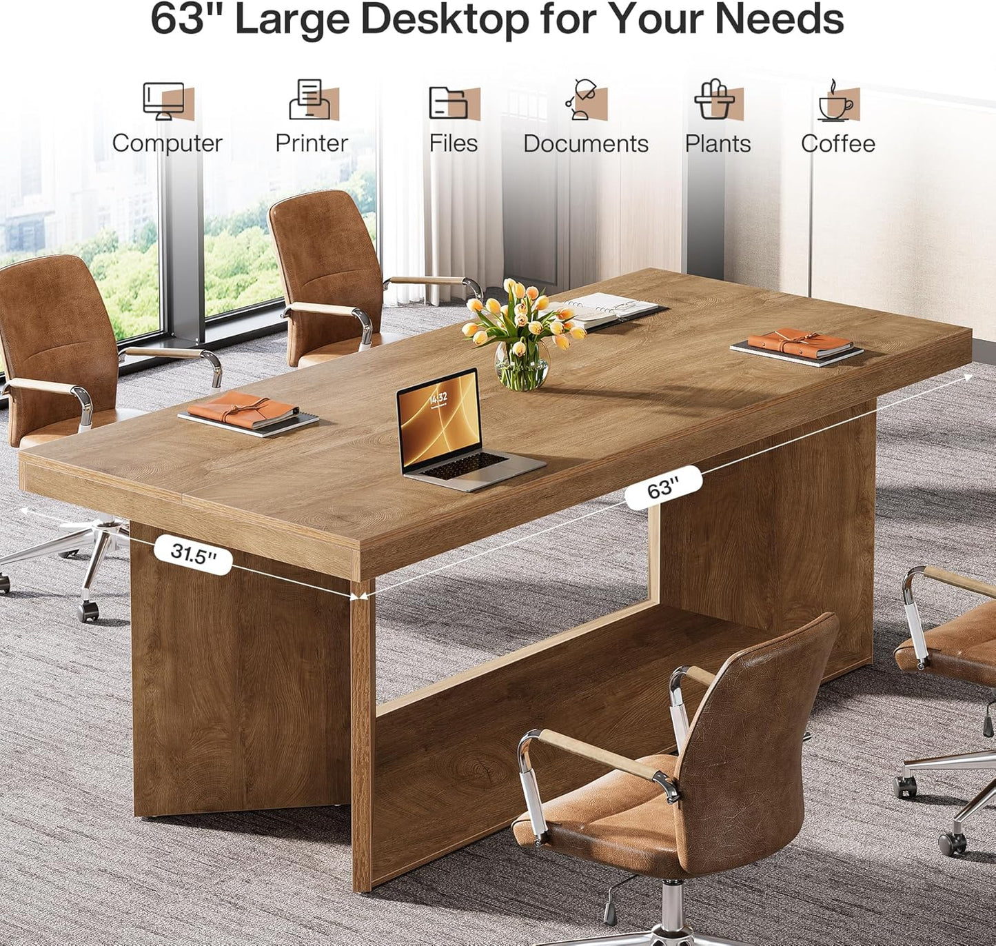 Tribesigns 63-Inch Executive Desk, Large Office Computer Desk with Heavy Duty Pedestal, Farmhouse Simple Workstations Writing Table for Home Office, Rustic Brown