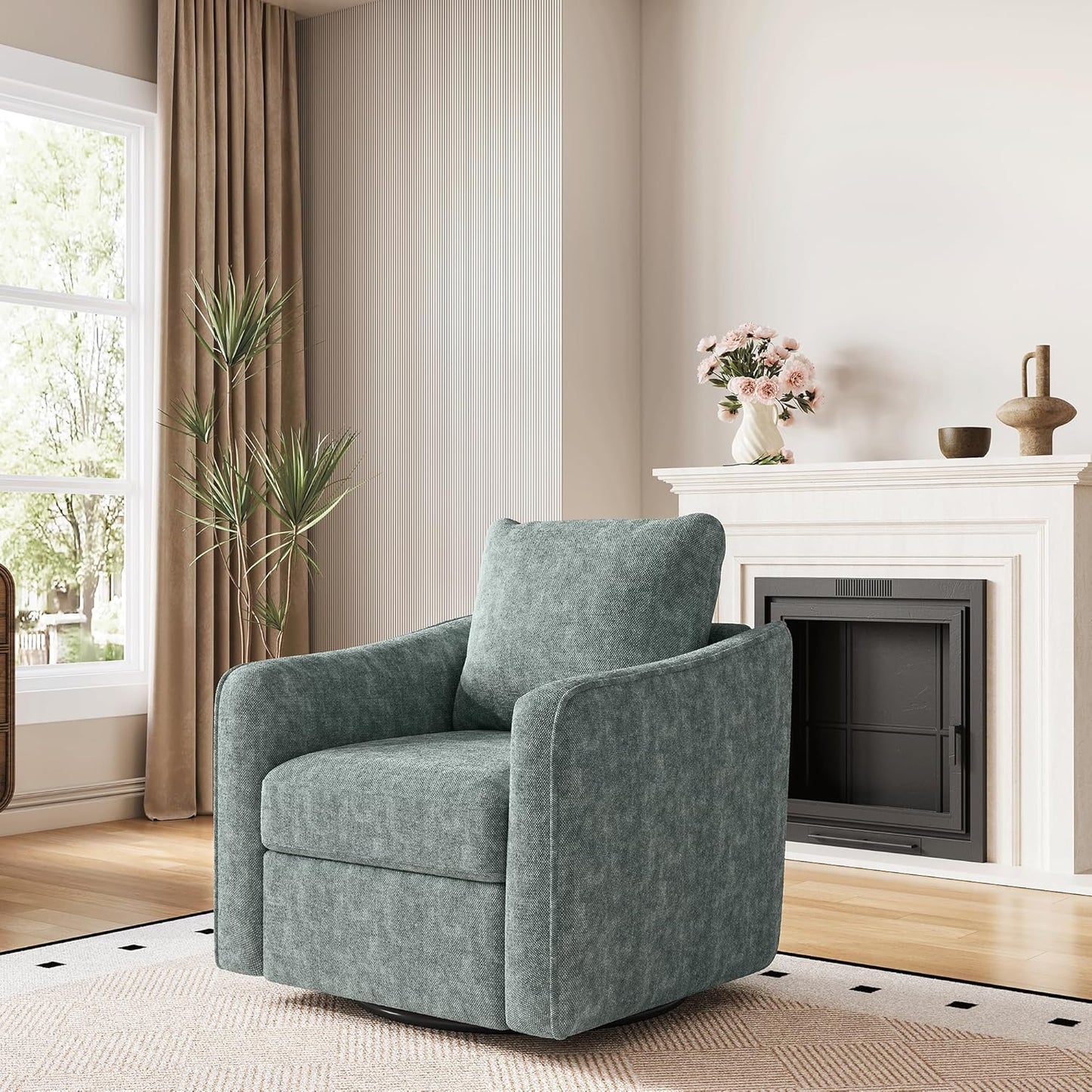 Accent Chair for Living Room, 360° Swivel Reading Chair, Modern Linen Fabric Armchair for Living Room, Comfy Upholstered, Single SofaChair, Beige