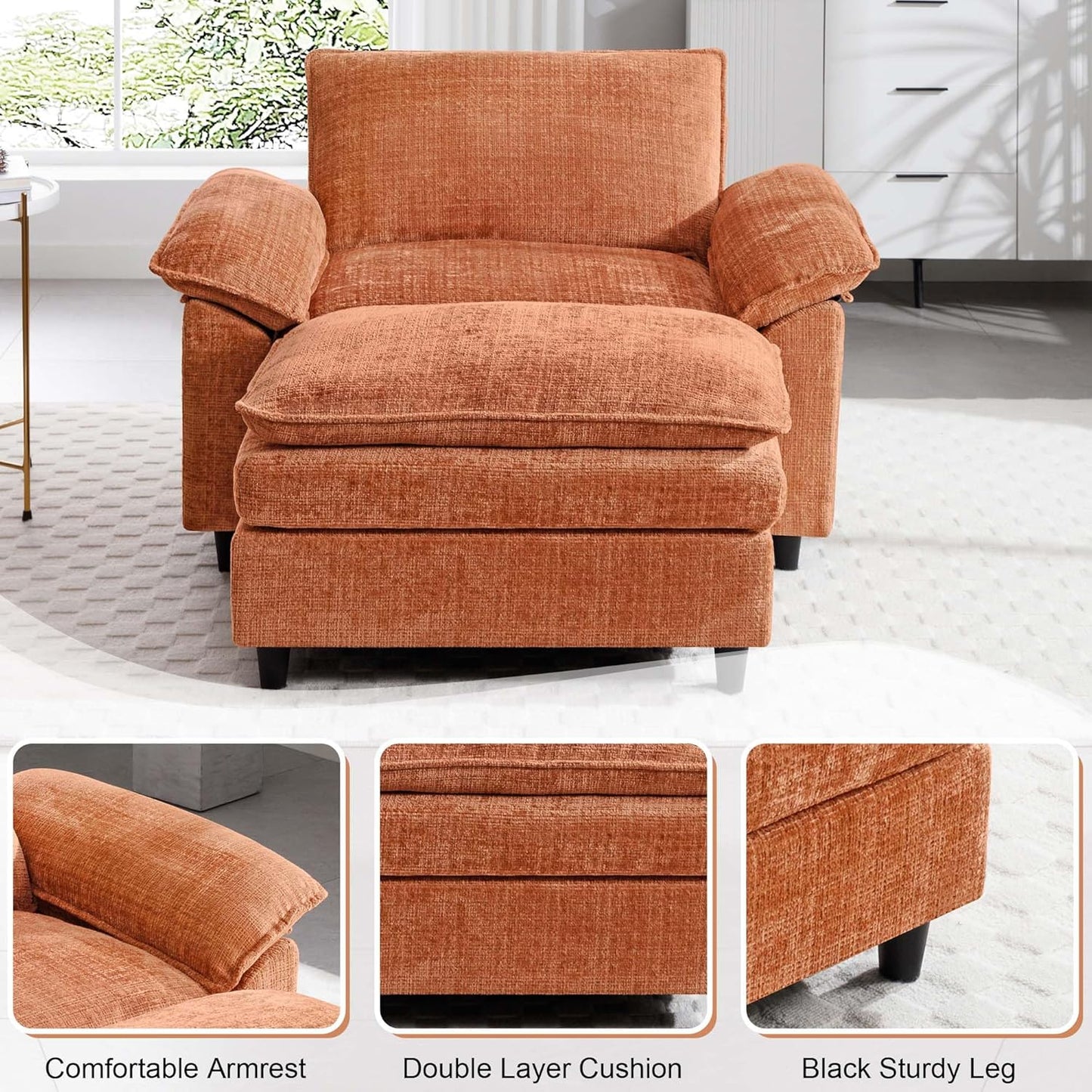 51.9" Orange Oversized Cloud Accent Chair with Ottoman, Modern Chaise Lounge Chair Indoor, Comfy Chenille Single Sofa Couch Chair for Living Room Apartment Office