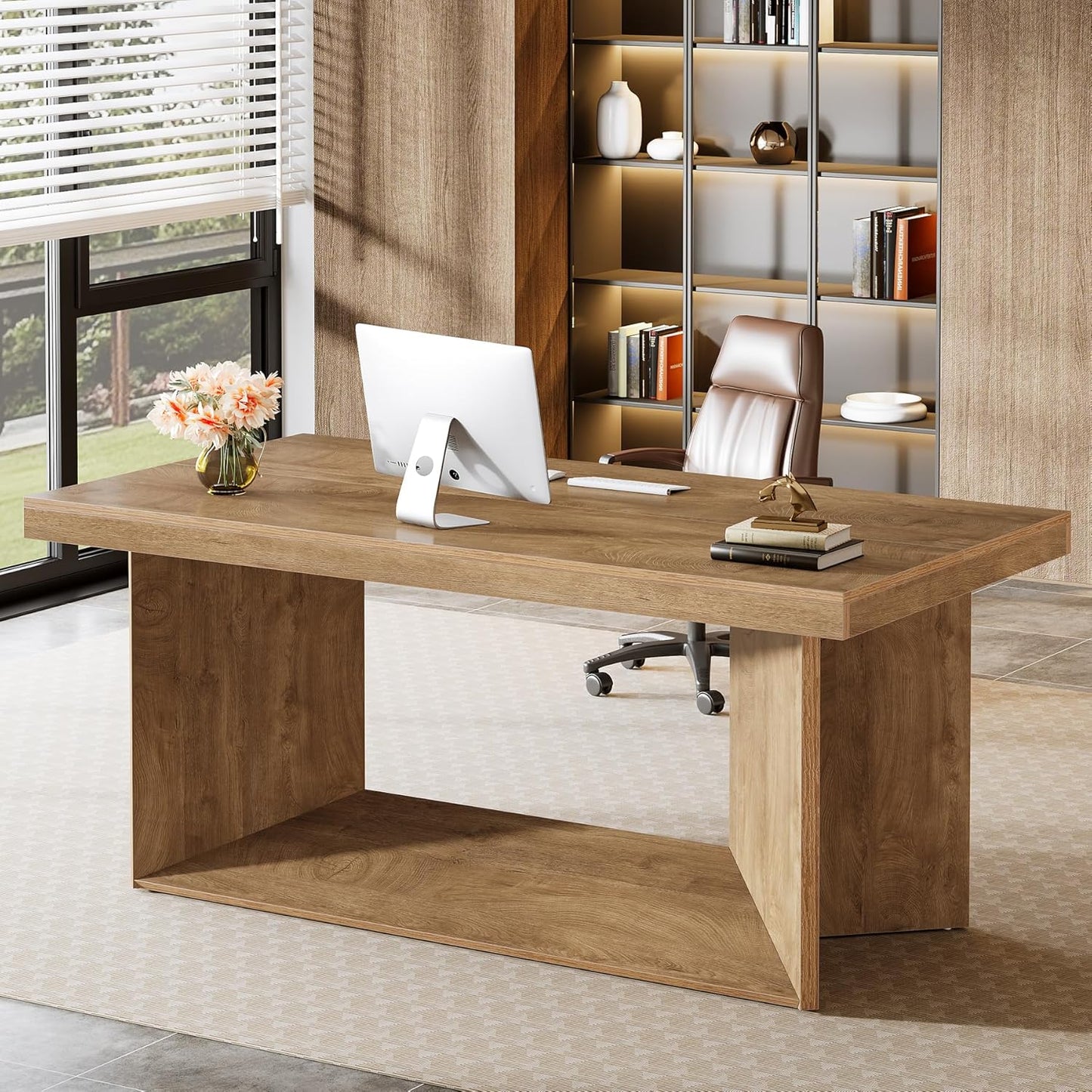 Tribesigns 63-Inch Executive Desk, Large Office Computer Desk with Heavy Duty Pedestal, Farmhouse Simple Workstations Writing Table for Home Office, Rustic Brown