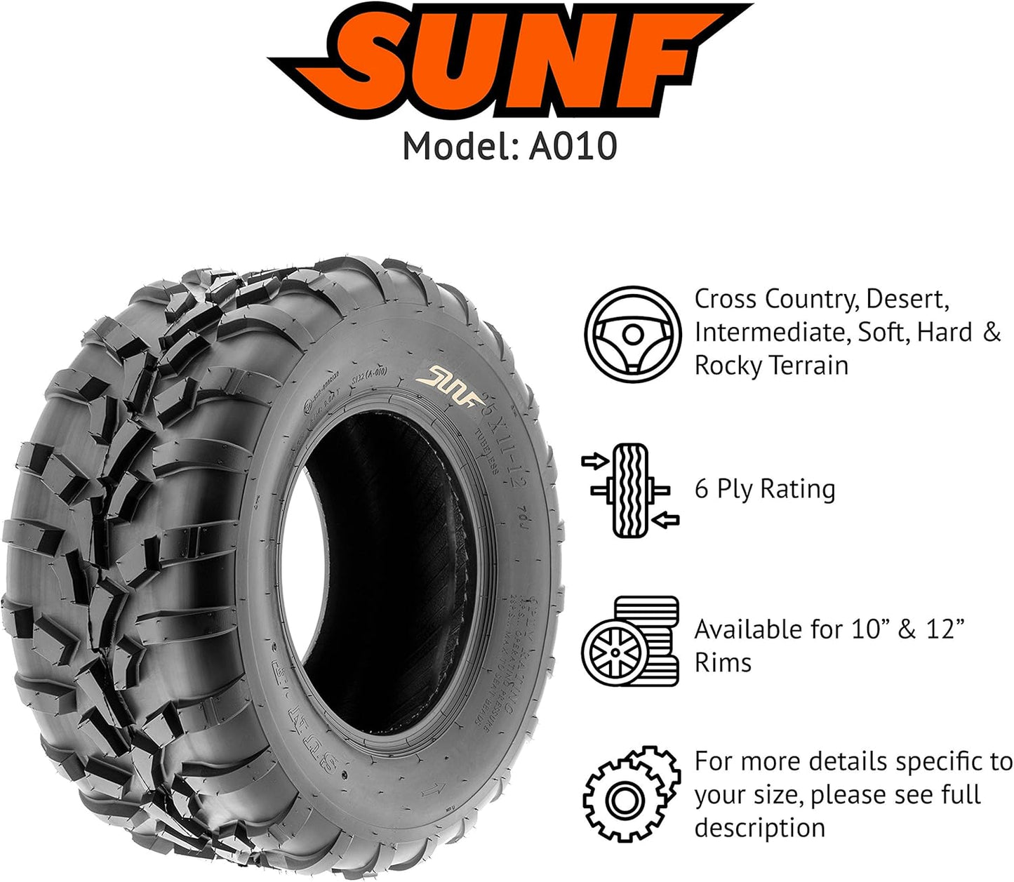 SunF 25x11-12 ATV UTV Tire 25x11x12 Race Trail Sport 6 PR A010 - PAIR of 2