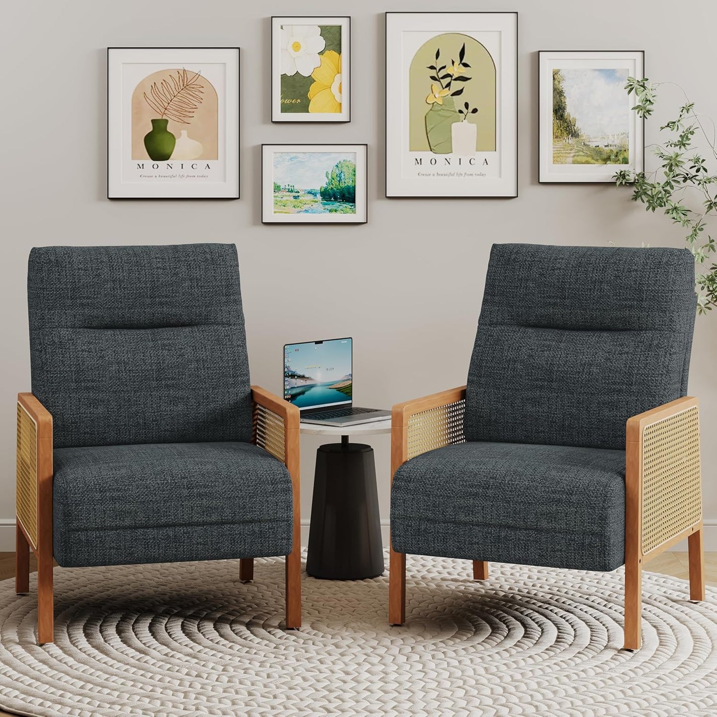 Alunaune Upholstered Natural Rattan Living Room Chairs Accent Chair Armchair Set of 2, Modern Slipper Club Chair Guest Reception Couch Comfy Single Sofa for Reading Bedroom-Taupe