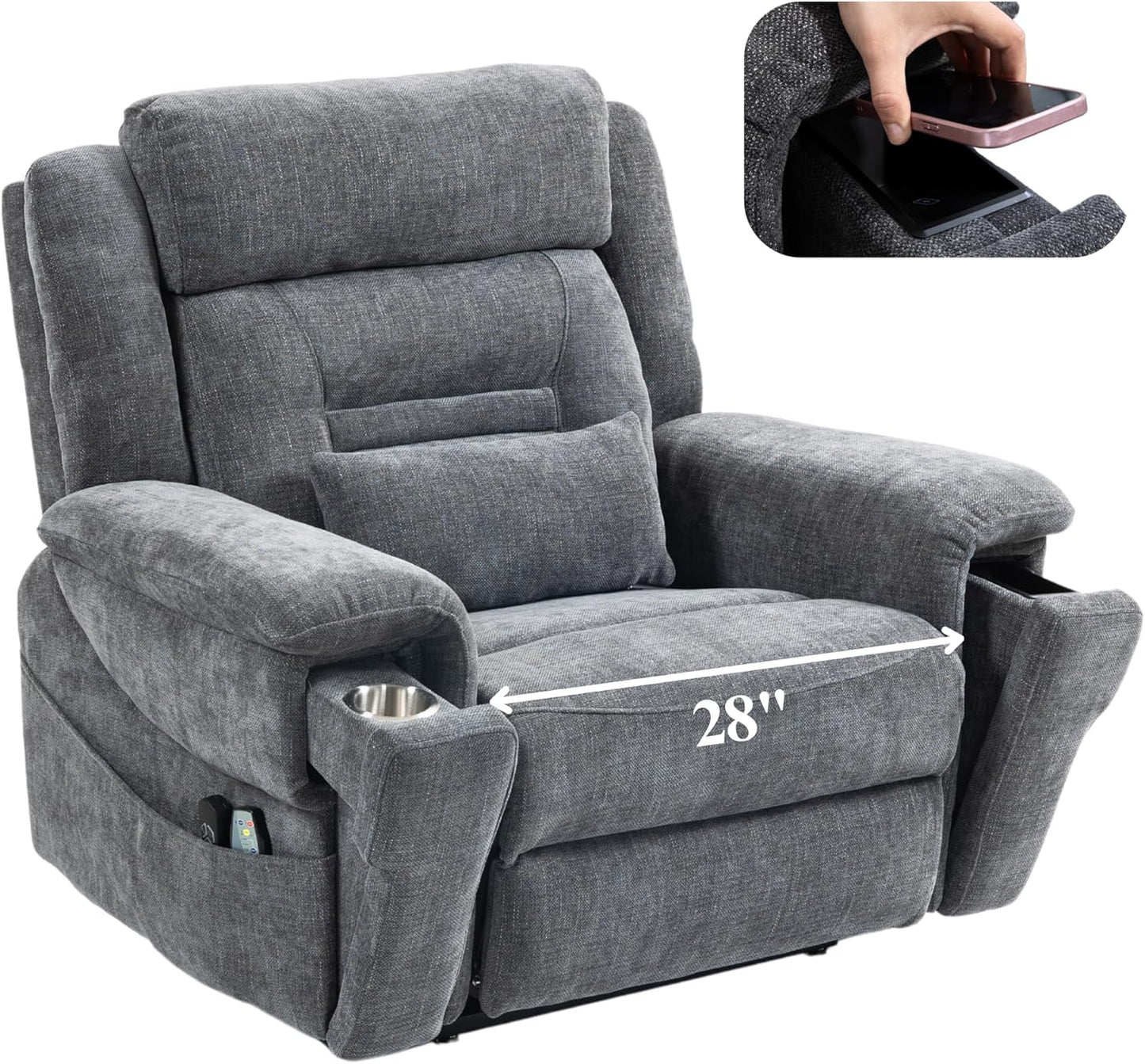 4-Motor Power Lift Chair with Heat & Massage - Power Adjustable Headrest, Backrest, Lumbar & Footrest - 27-inch Wide Seat Lay Flat Recliner, 8-Point Massage (Lumbar Heating)