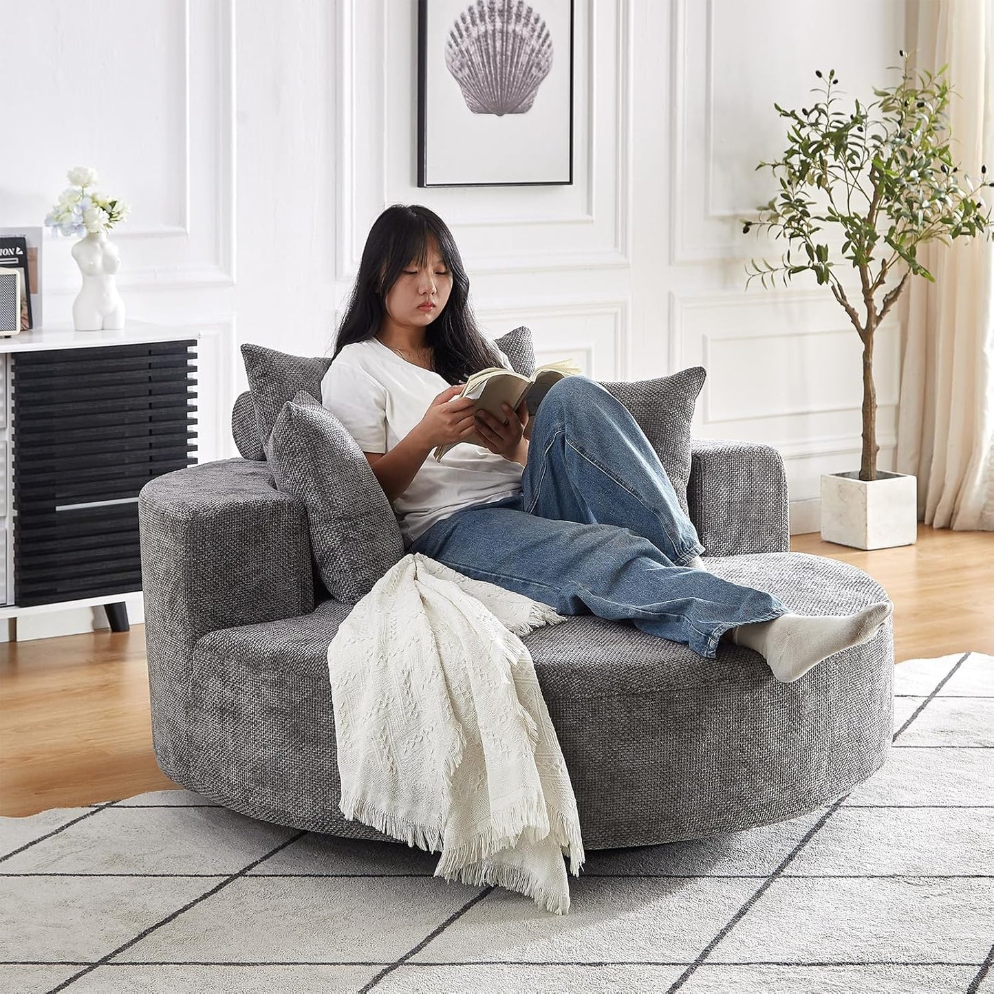 55 inch 360° Swivel Accent Chair, Chaise Lounge Chair Indoor Oversized Round Swivel Accent Chair Modern Corduroy Single Sofa Chair Deep Seat Chair for Living Room Bedroom Apartment, Grey