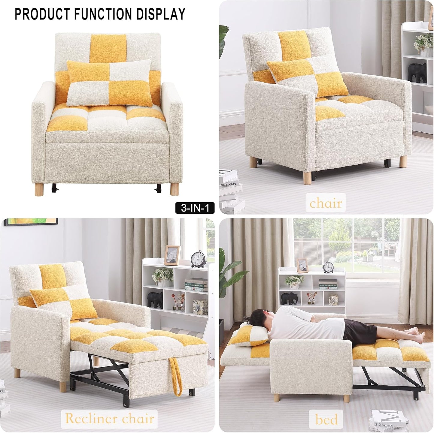 Sleeper Chair Bed Multi-functional Convertible Chair Sleeper Teddy Fabric Adjustable Single Pull Out Sofa Bed with Lumbar for Studio,Dorm, Apartment, Bedroom,Office,Living Room (Beige&Yellow)