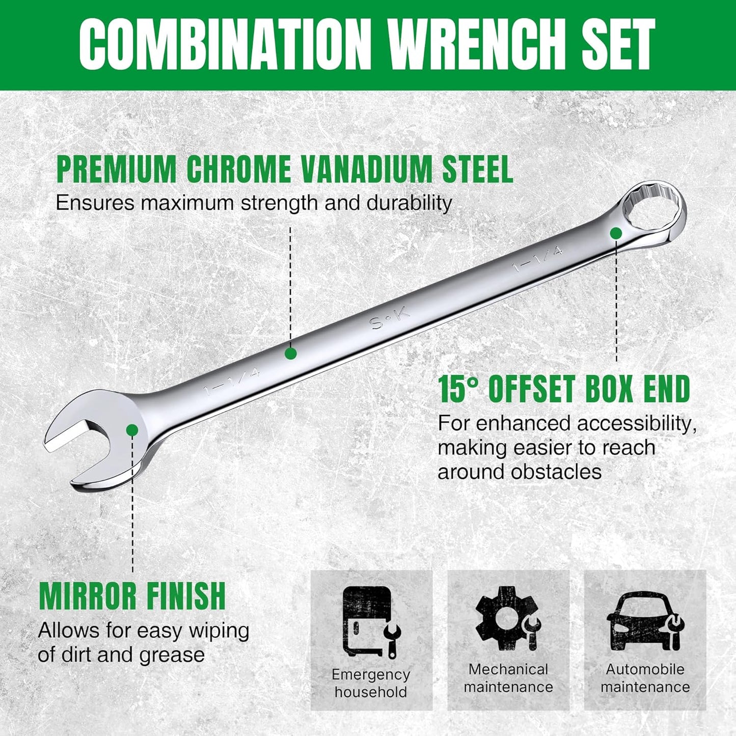 SK Combination Wrench Set, SAE 1/4" to 1-1/4", 18-Piece, SuperKrome Finish, Premium CR-V Construction, with Rolling Pouch