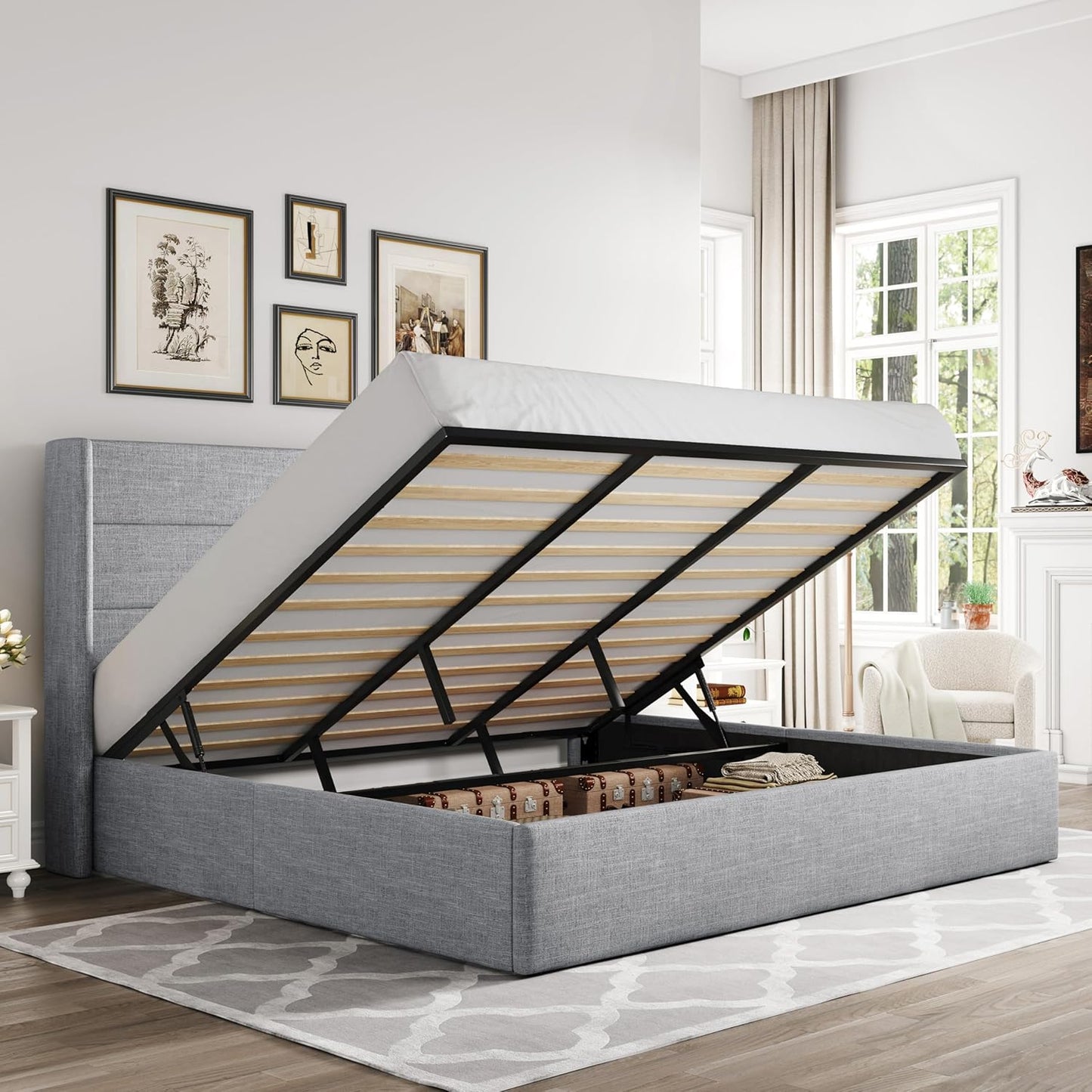 Allewie King Size Lift Up Storage Bed, Modern Wingback Headboard, Hydraulic Support, No Box Spring Needed, Light Beige