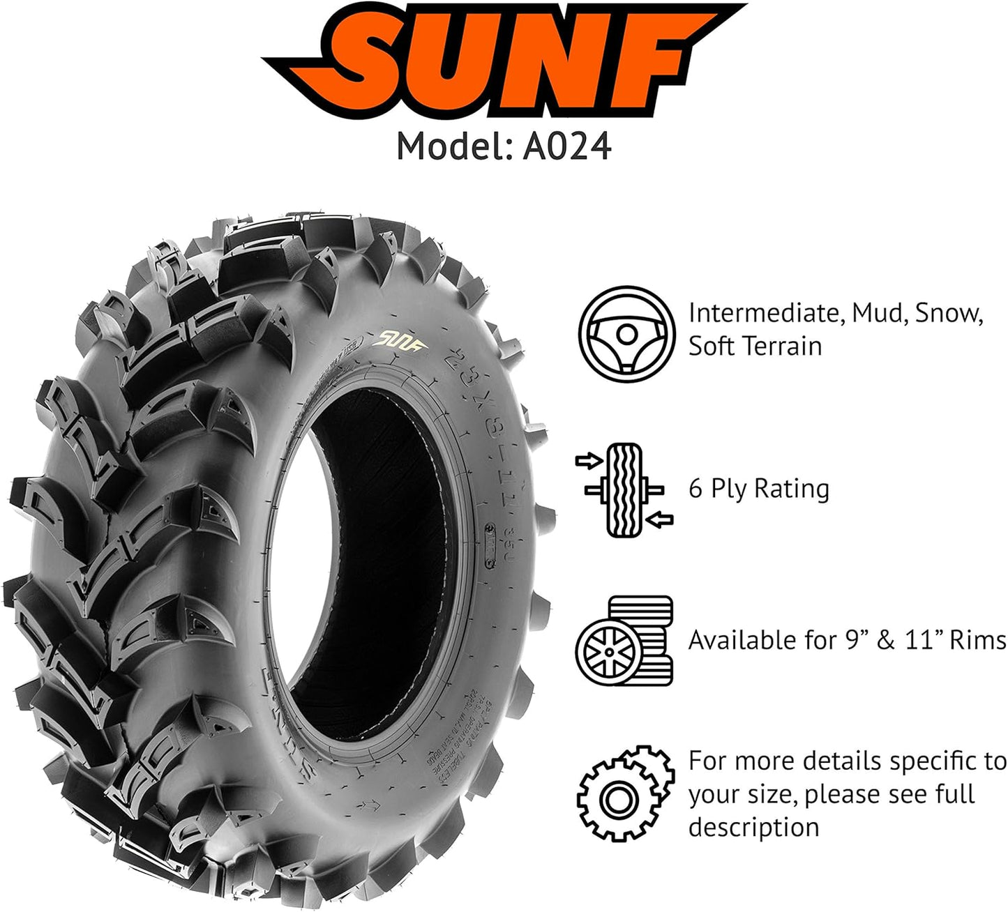 SunF 22x11-9 ATV UTV Muddy Tire 22x11x9 Dirt Mud 6 PR A024 - PAIR of 2