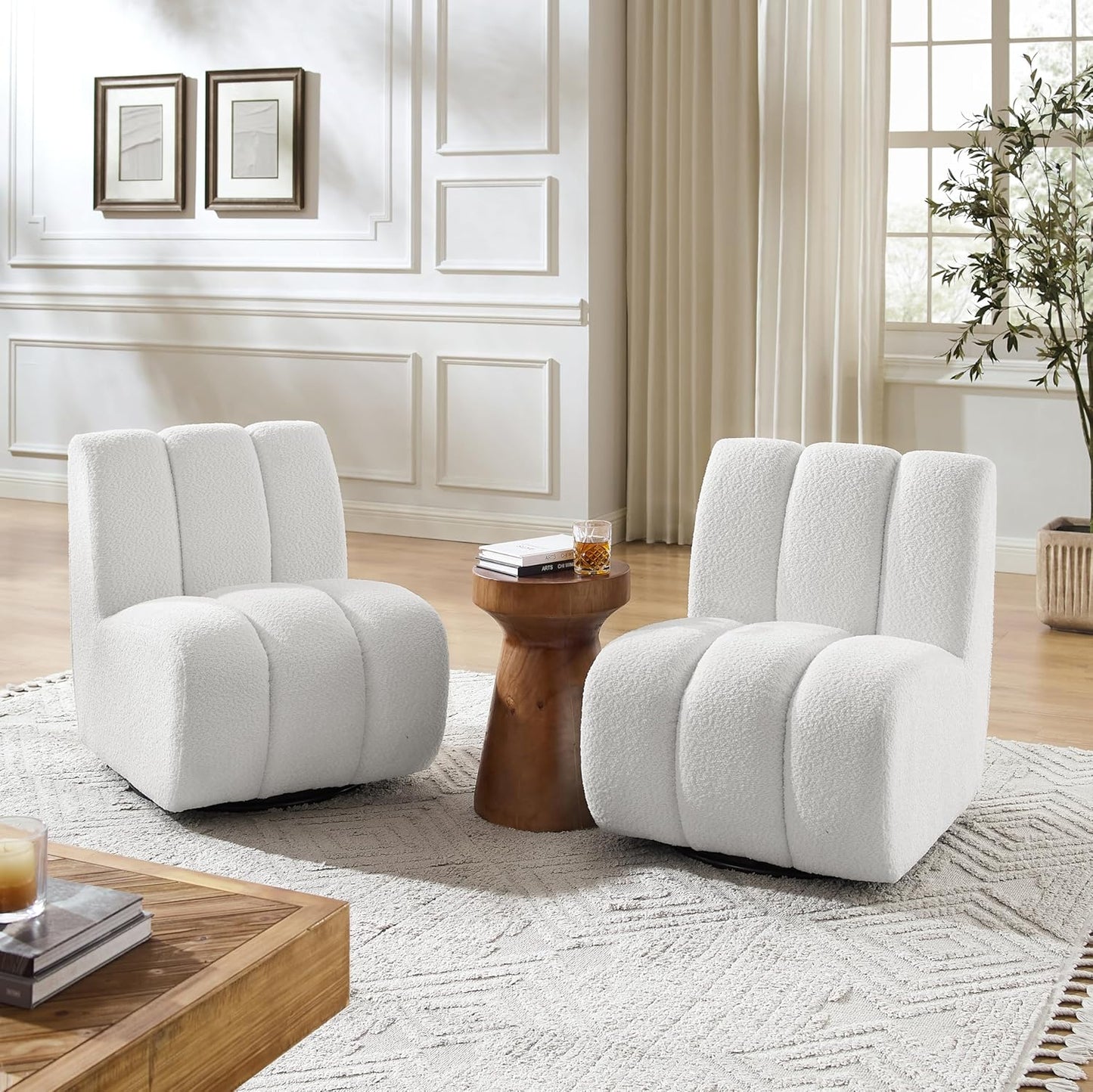 Art Leon Armless Accent Chair - Sherpa Fabric Upholstered Swivel Chair, Single Sofa Chair with Metal Base for Living Room Bedroom, Off White