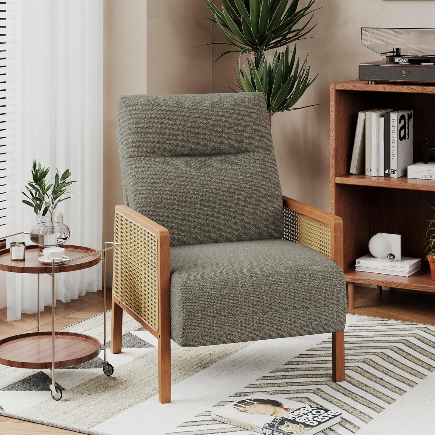 Alunaune Upholstered Natural Rattan Living Room Chairs Accent Chair Armchair Set of 2, Modern Slipper Club Chair Guest Reception Couch Comfy Single Sofa for Reading Bedroom-Taupe