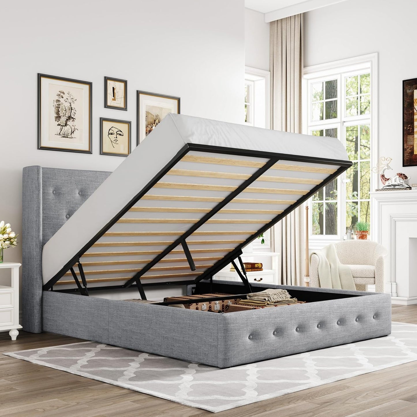 Allewie King Size Lift Up Storage Bed, Modern Wingback Headboard, Hydraulic Support, No Box Spring Needed, Light Beige