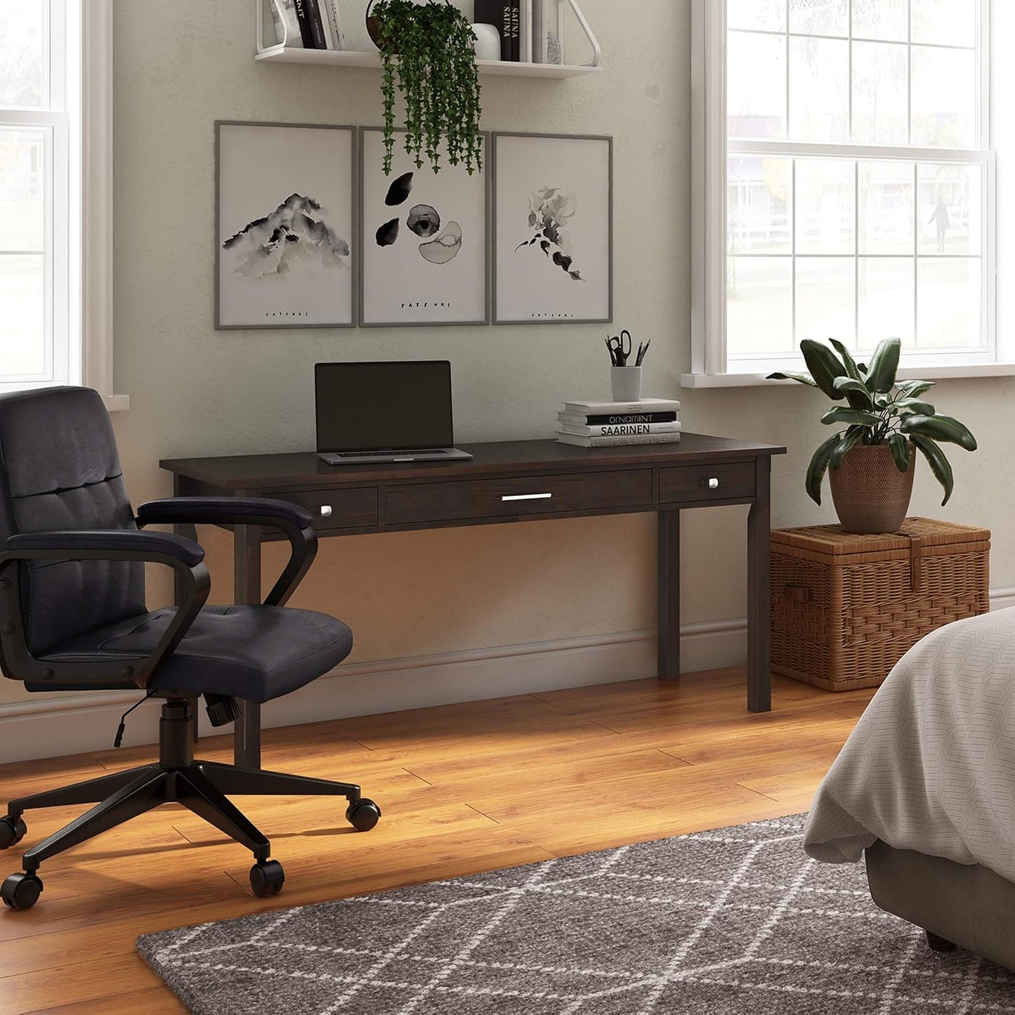 SIMPLIHOME Avalon Desk - 60-Inch Wide Solid Wood Writing Desk in Tobacco Brown, Contemporary Home Office Computer Table for Workspace or Study with 2 Drawers and Flip-Down Keyboard Tray