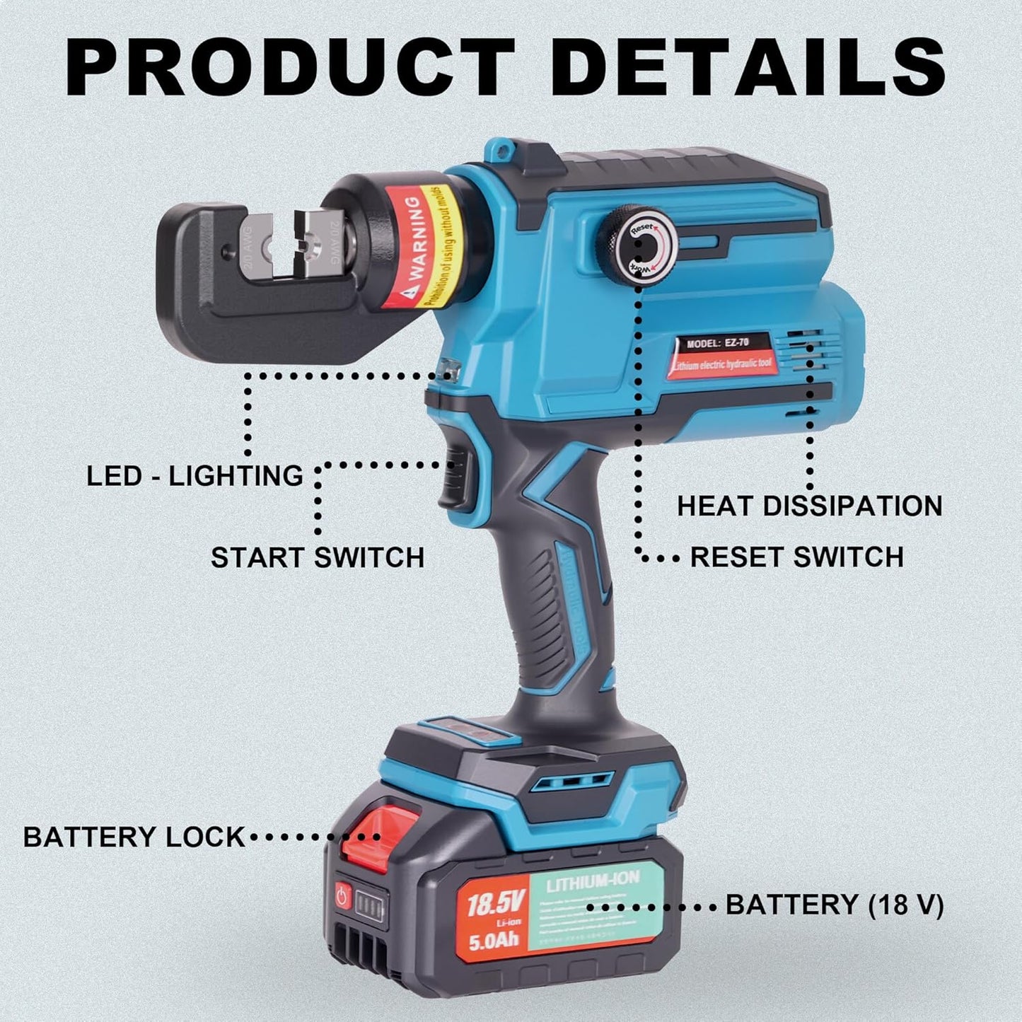 AMZCNC Electric Hydraulic Cable Lug Crimping Tool, 12 AWG to 2/0 AWG Terminal, Cable, Wire Electric Crimper Tool Kit, Battery Crimp Tool Kits with 20 Dies(12AWG~00AWG)