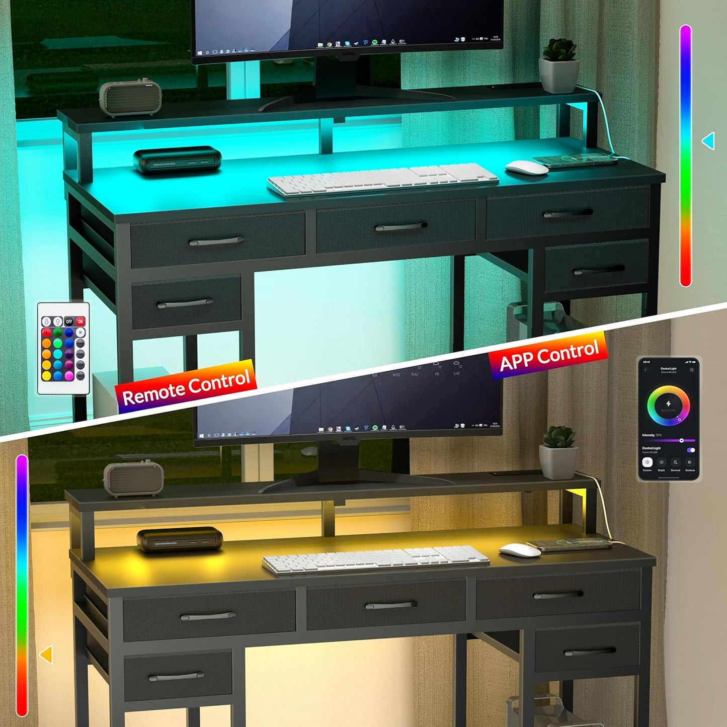 Black Computer Desk with Drawers, Gaming Desk with LED Light & Power Outlet, 47" Home Office Desk with Large Storage & Monitor Stand for Small Space