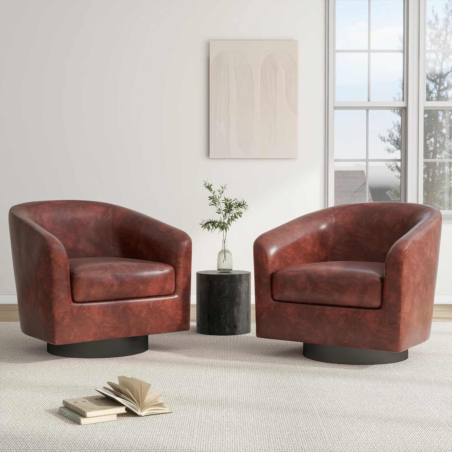 Swivel Barrel Chair, Modern Round PU Leather Accent Armchair for Living Room, Bedroom, Oversized Comfy Club Reading Chairs for Adults (Leather Red Brown, Set of 1)