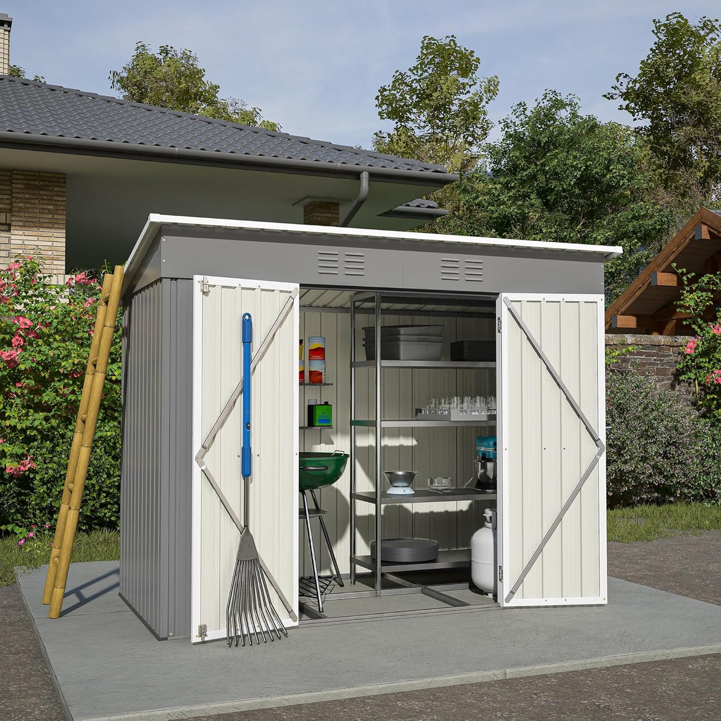 6' x 4' Outdoor Metal Storage Shed, Galvanized Steel Tool Garden Shed, for Patio Backyard Lawn Garden (6x4 Ft Grey)