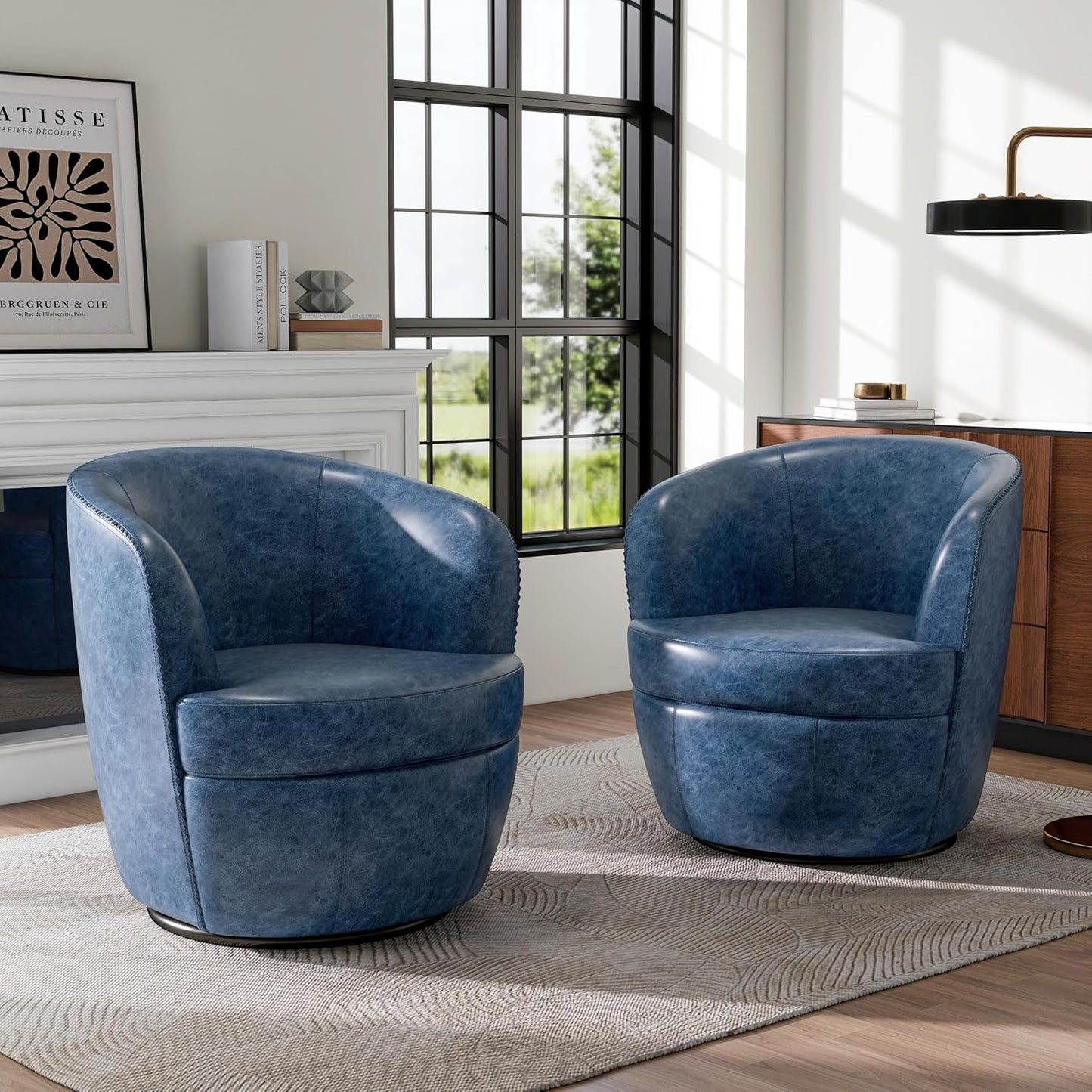 Swivel Barrel Chair, Modern Round PU Leather Accent Armchair for Living Room, Bedroom, Oversized Comfy Club Reading Chairs for Adults (Leather Red Brown, Set of 1)