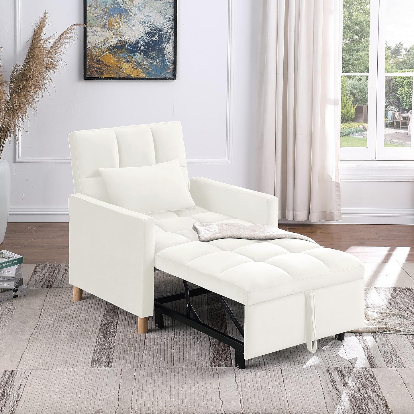 Sleeper Chair Bed Multi-functional Convertible Chair Sleeper Teddy Fabric Adjustable Single Pull Out Sofa Bed with Lumbar for Studio,Dorm, Apartment, Bedroom,Office,Living Room (Beige&Yellow)