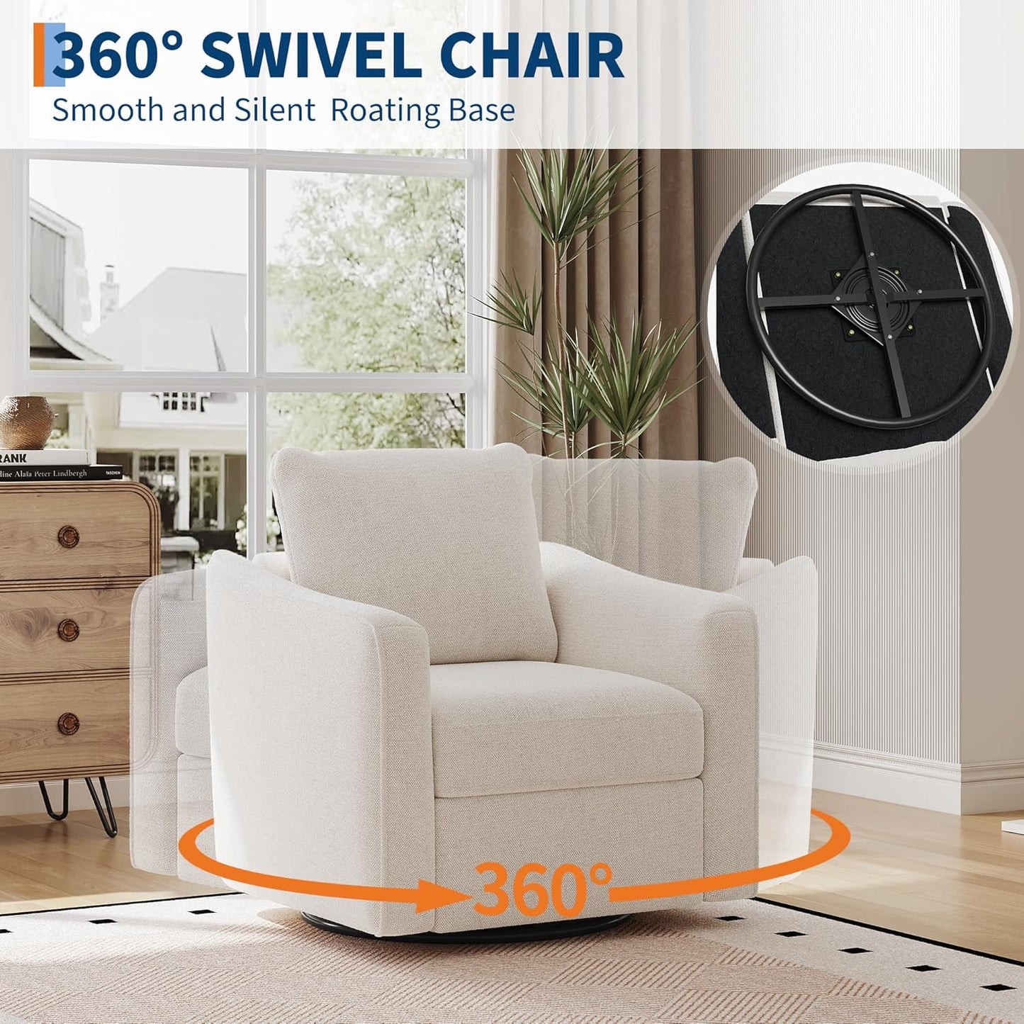 Accent Chair for Living Room, 360° Swivel Reading Chair, Modern Linen Fabric Armchair for Living Room, Comfy Upholstered, Single SofaChair, Beige