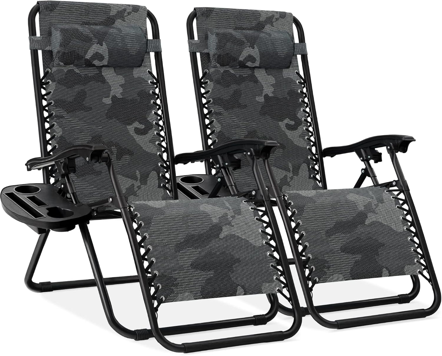 Best Choice Products Set of 2 Adjustable Steel Mesh Zero Gravity Lounge Chair Recliners w/Pillows and Cup Holder Trays - Gray