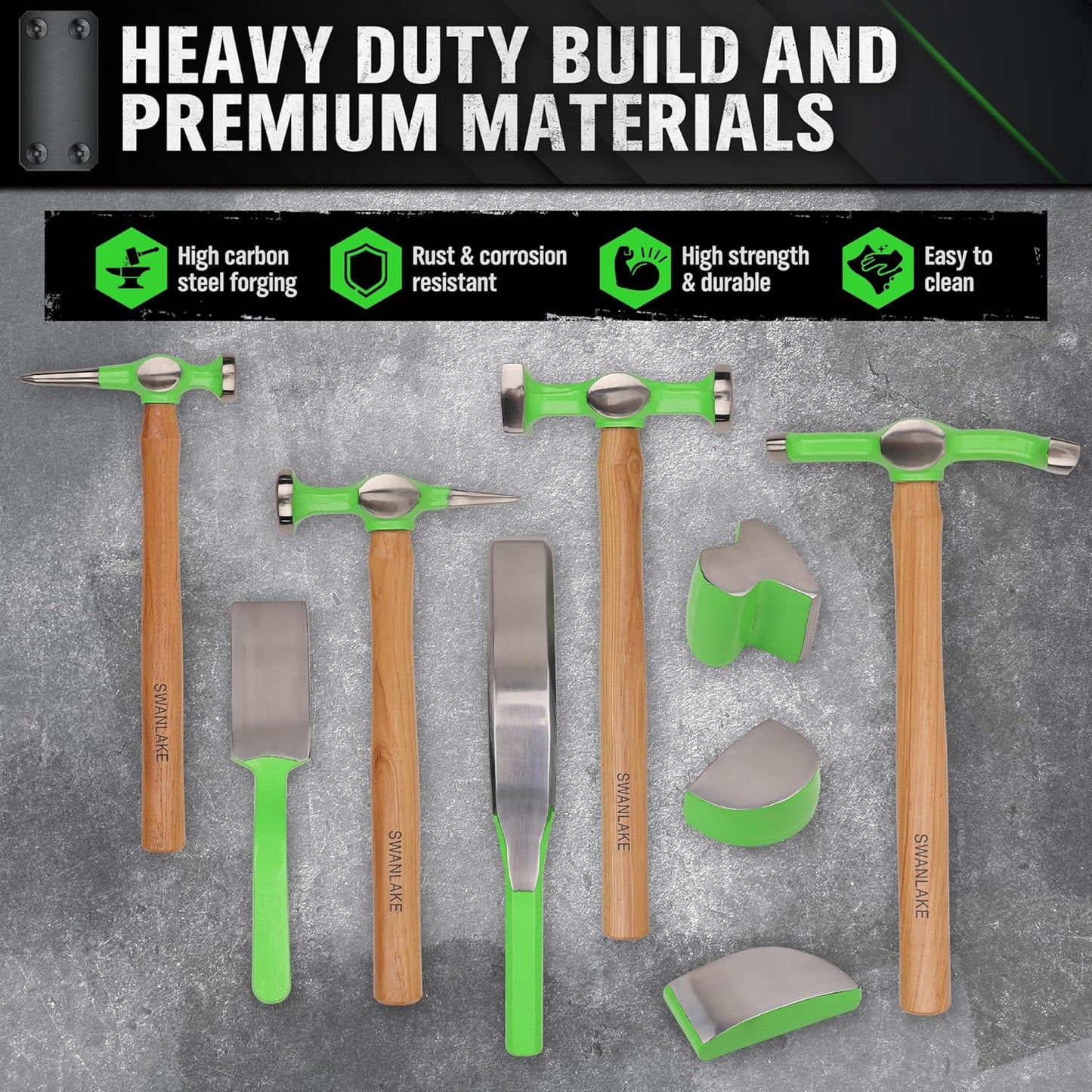 SWANLAKE GARDEN TOOLS 9Pcs Auto Body Hammer and Dolly Set, Heavy Duty Car Body Dent Repair Tool Kit with Carrying Case, Wood Handles, Performance Carbon Steel Hammers and Dollies Set, Fender Tool Set