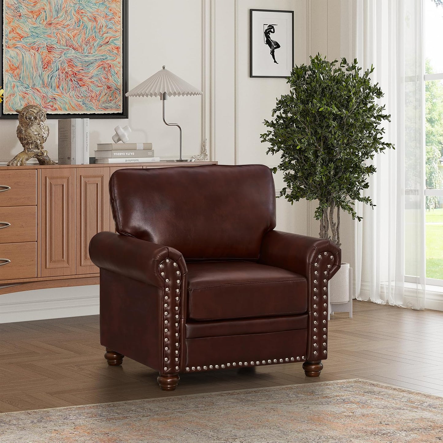 35" Faux Leather Pu Armchair Classic Vegan Leather Accent Chair Elegance Single Seat with Rolled Armrests Nailhead Trim Wood Legs Traditional Living Room 1 Seat-Burgundy