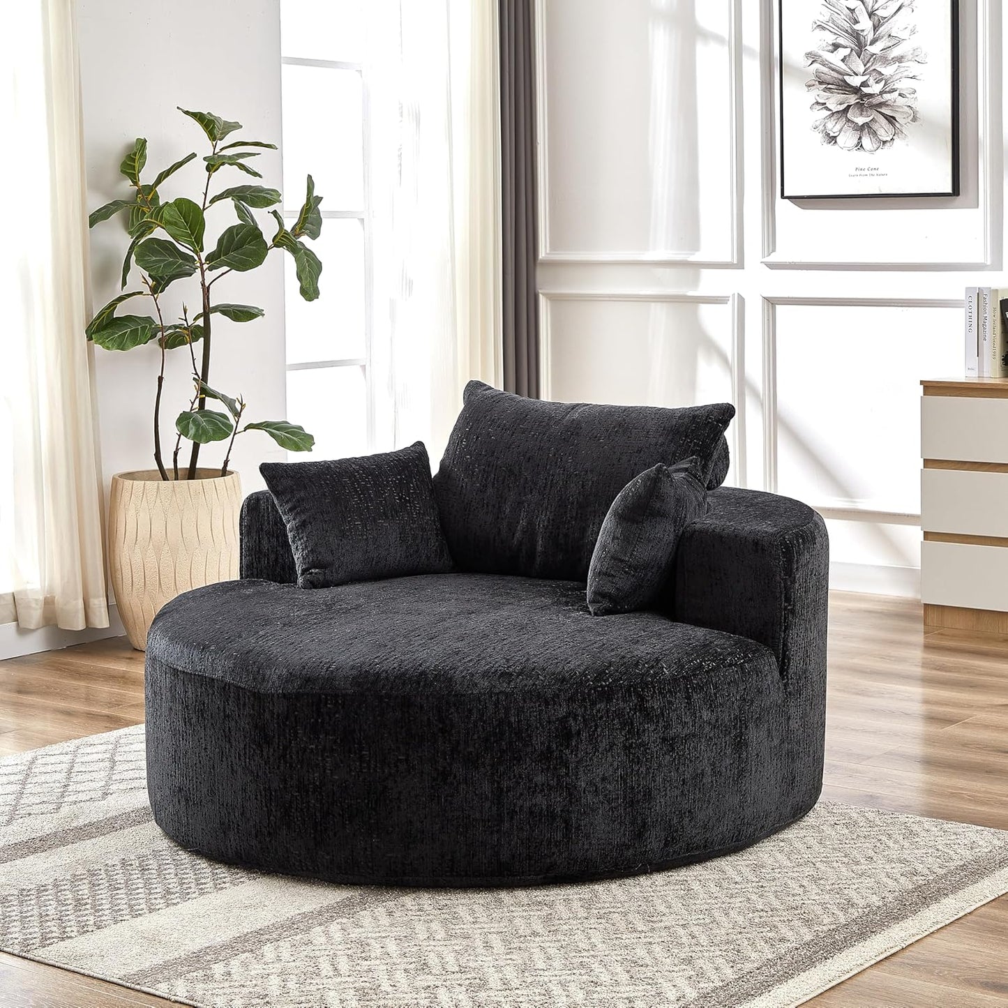 Ball & Cast 55" Oversized Accent Chair, Modern Chenille Single Sofa Sleeper with Wide Armrest and Pillows, Round Lounger Chair for Living Room, Bedroom,Projection Room,No Assembly Required,Beige