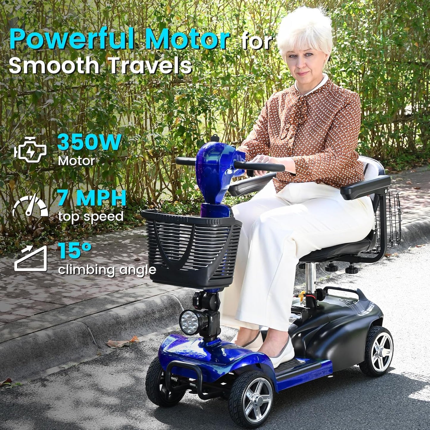 4 Wheel Mobility Scooter for Seniors&Adults - Up to 15 Miles Range,Foldable Powered Electric Wheelchair Device w/600WH Battery,Only 58 lb Weight, Dual Basket, 300 lb Capacity, Compact