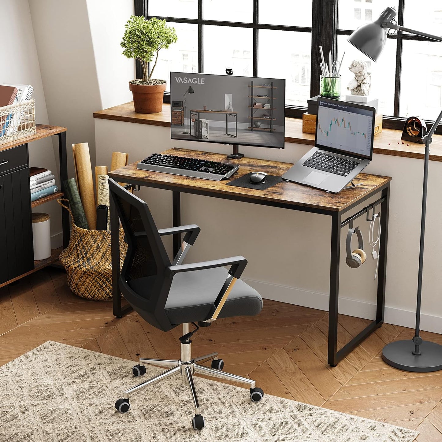 VASAGLE Computer Desk, Office Desk with 8 Hooks, for Study, Home Office, Easy Assembly, Industrial Design, 47.2 x 23.6 x 29.5 Inches, Rustic Brown ULWD58X