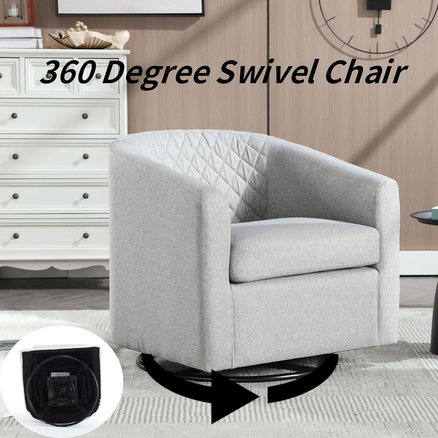 Swivel Rocker Barrel Chairs,Modern 360 Degree Swivel Living Room Chairs,Upholstered Linen Cozy Chair Sofa Chair for Cafe,Bedroom,Office,Grey