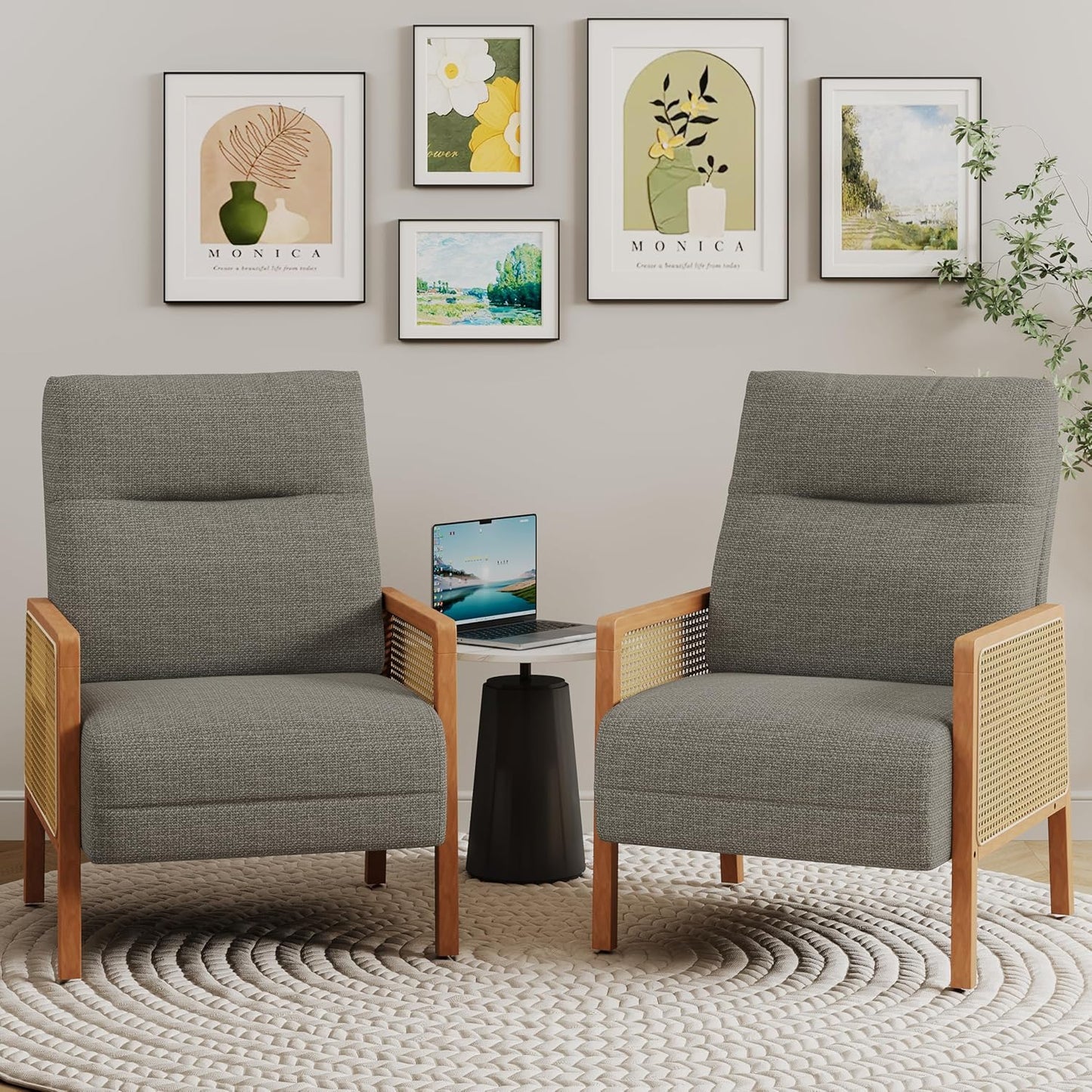 Alunaune Upholstered Natural Rattan Living Room Chairs Accent Chair Armchair Set of 2, Modern Slipper Club Chair Guest Reception Couch Comfy Single Sofa for Reading Bedroom-Taupe