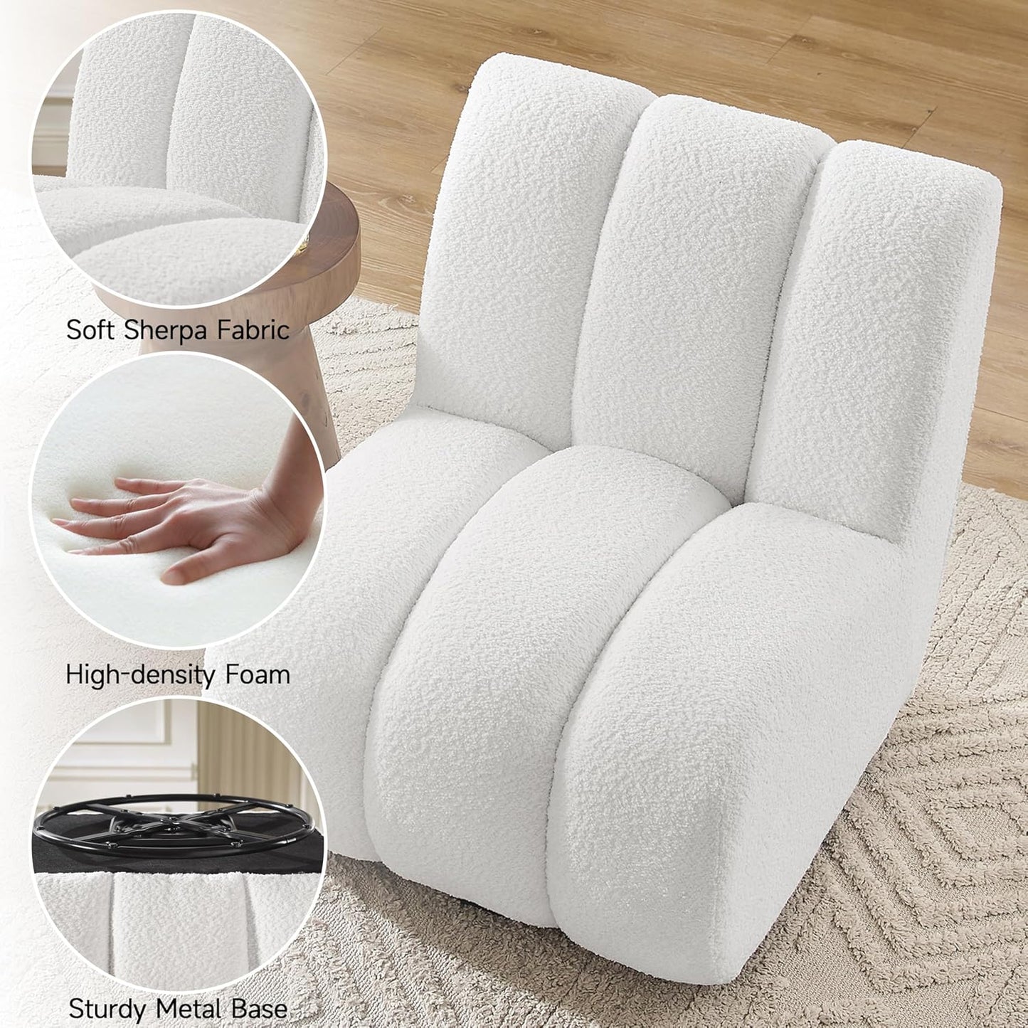 Art Leon Armless Accent Chair - Sherpa Fabric Upholstered Swivel Chair, Single Sofa Chair with Metal Base for Living Room Bedroom, Off White