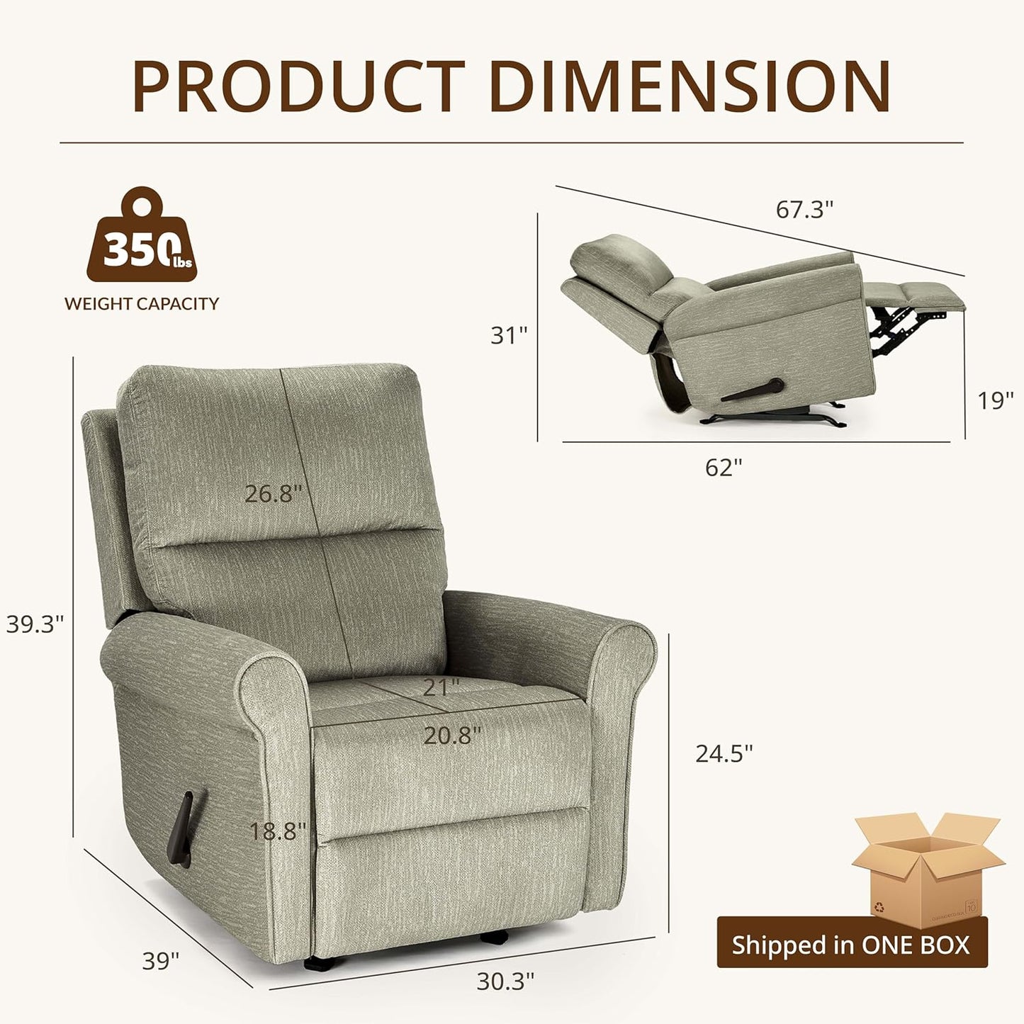 Swivel Rocker Recliner Chair, Manual Rocking Chair with Spring Cushion for Adults, Nursery Recliner with Overstuffed Backrest and Armrests for Living Room, Grey