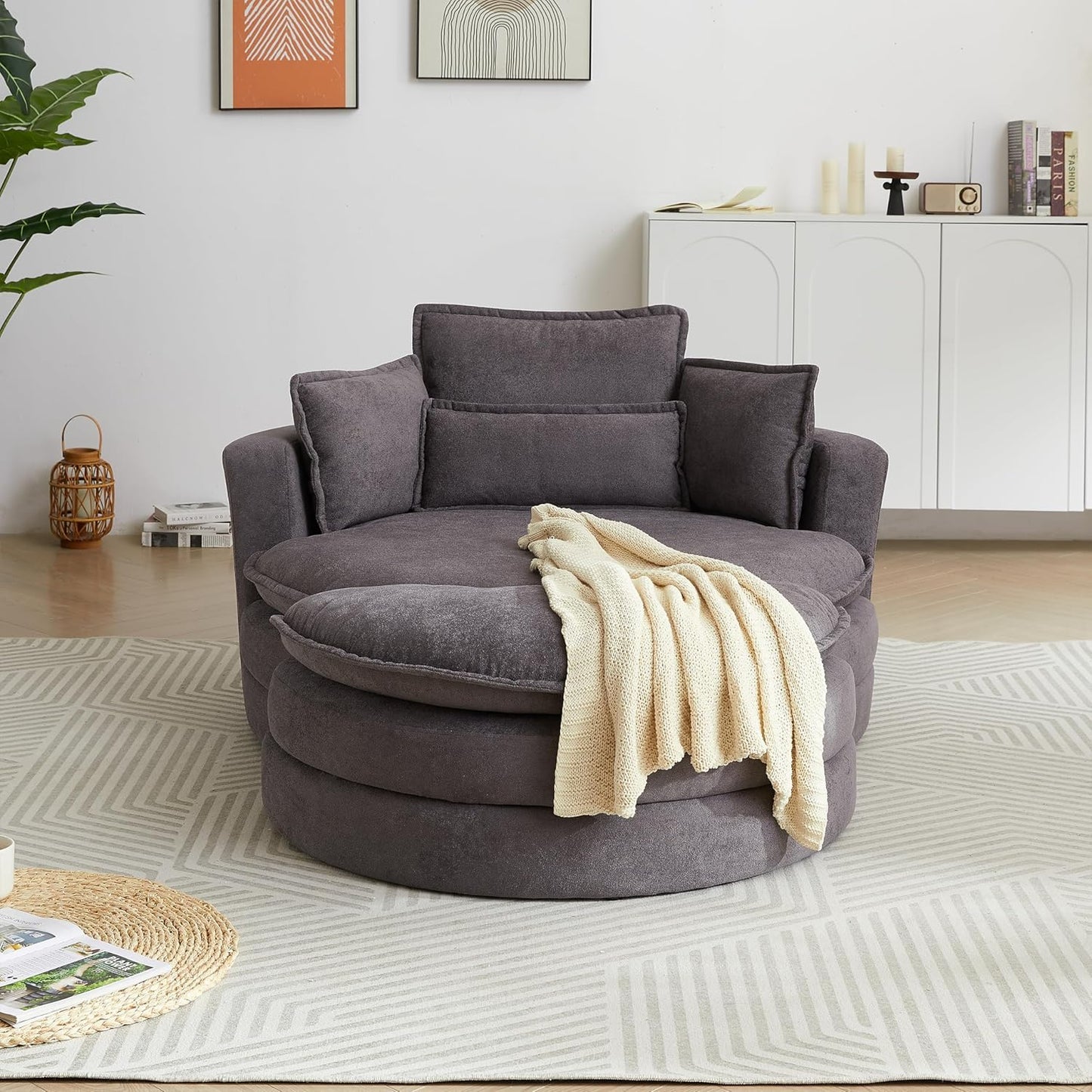52'' Accent Swivel Barrel Chair with Storage Ottoman,Modern Oversize Round Swivel Leisure Armchair for 4 Pillows, Chenille Fabric for Living Room,Hotel,Club Lounge Chair,Grey…