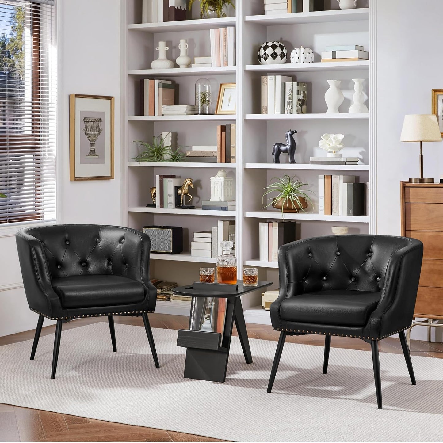 Topeakmart Mid-Century Modern Faux Leather Barrel Chair, Button Tufted Accent Armchair with Metal Leg, Recessed Armrest and Loose Seat Cushion for Living Room Bedroom, Black, 2pcs