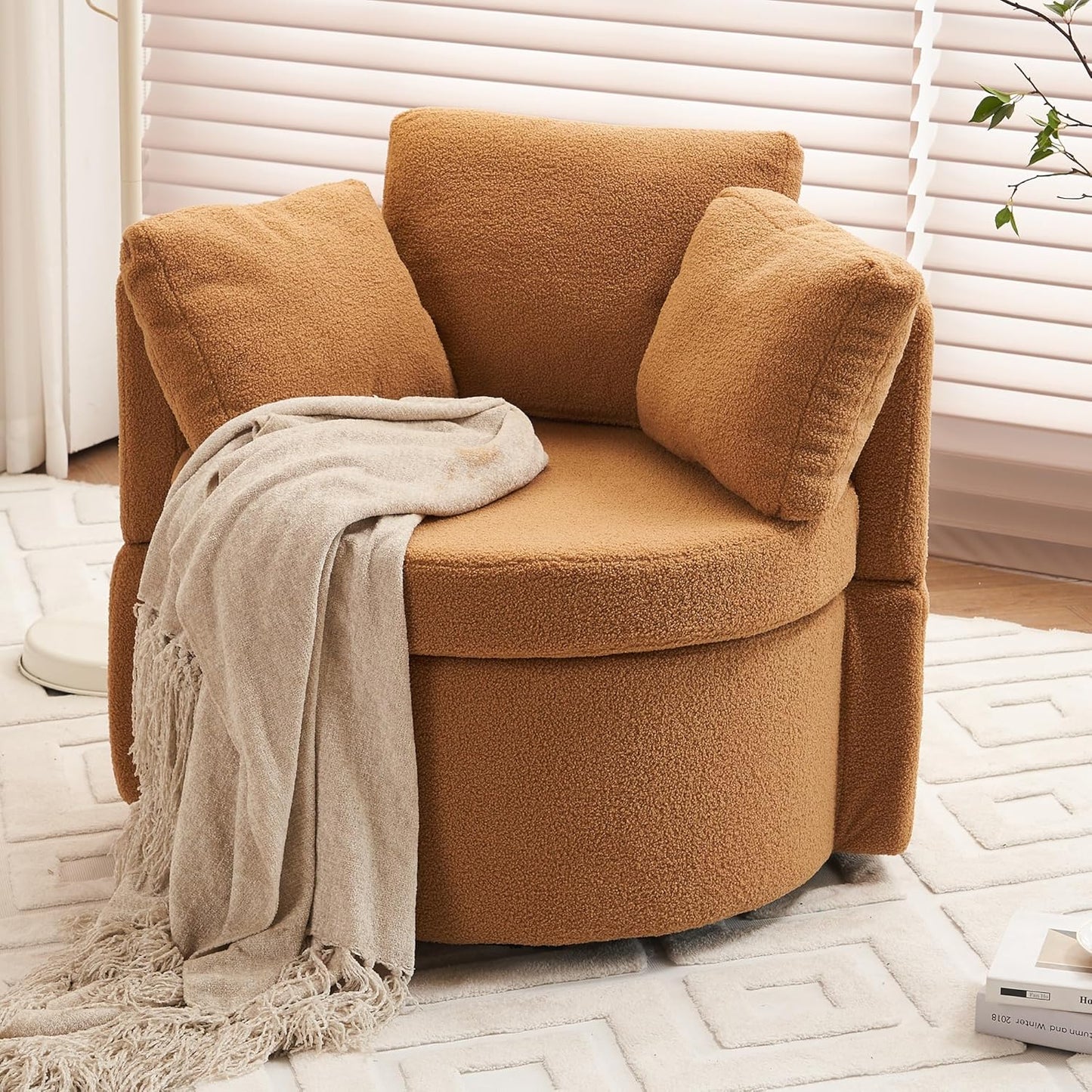 Swivel Accent Chair 360° Barrel Armchair with Storage, Modern Living Room Chair Upholstered Round Club Chair with Back Cushion, Teddy Fabric Comfy Chair for Bedroom Reading Room, Dark Grey