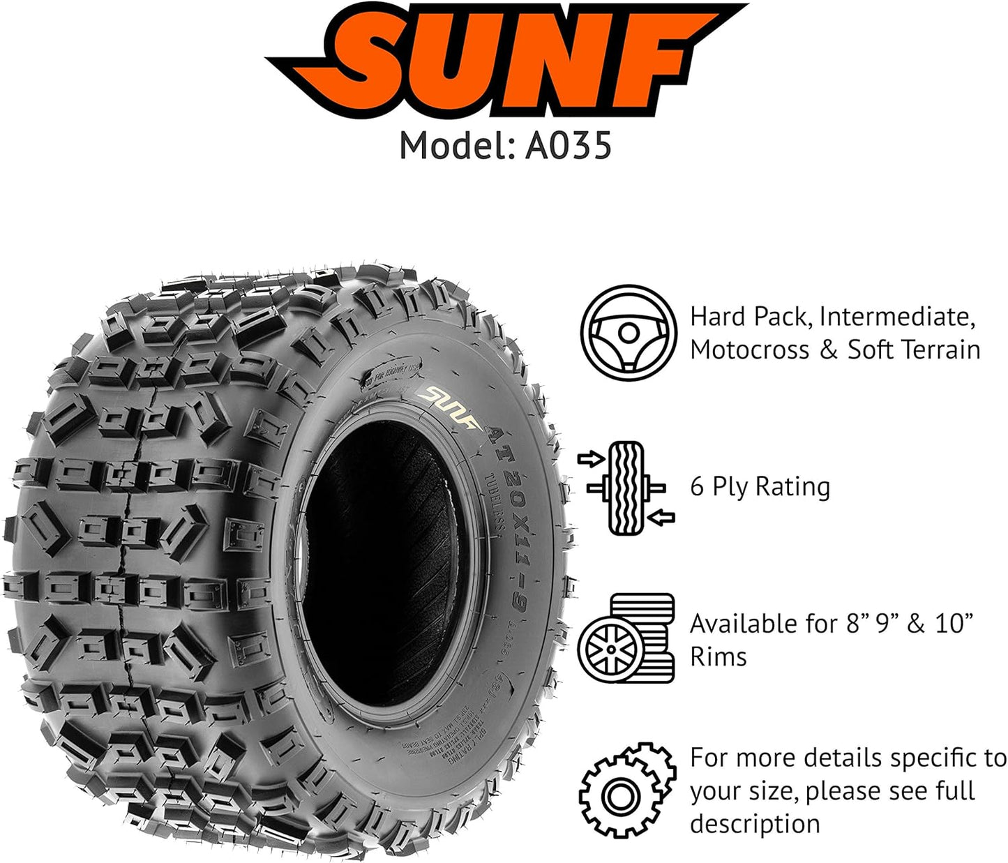 SunF 18x10-8 ATV UTV Tire 18x10x8 Knobby 6 PR A035 - PAIR of 2