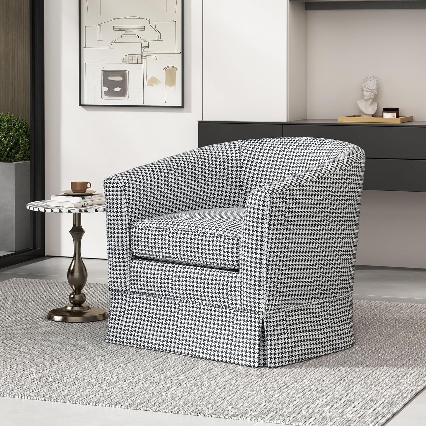 Swivel Accent Chair Upholstered Club Chair,Comfy Lounge Chair Single Arm Sofa,Modern Reading Chair for Living Room Bedroom Office,28.75 x 28 x 27" 300 Lbs Heavy Duty Beige Black Houndstooth Print