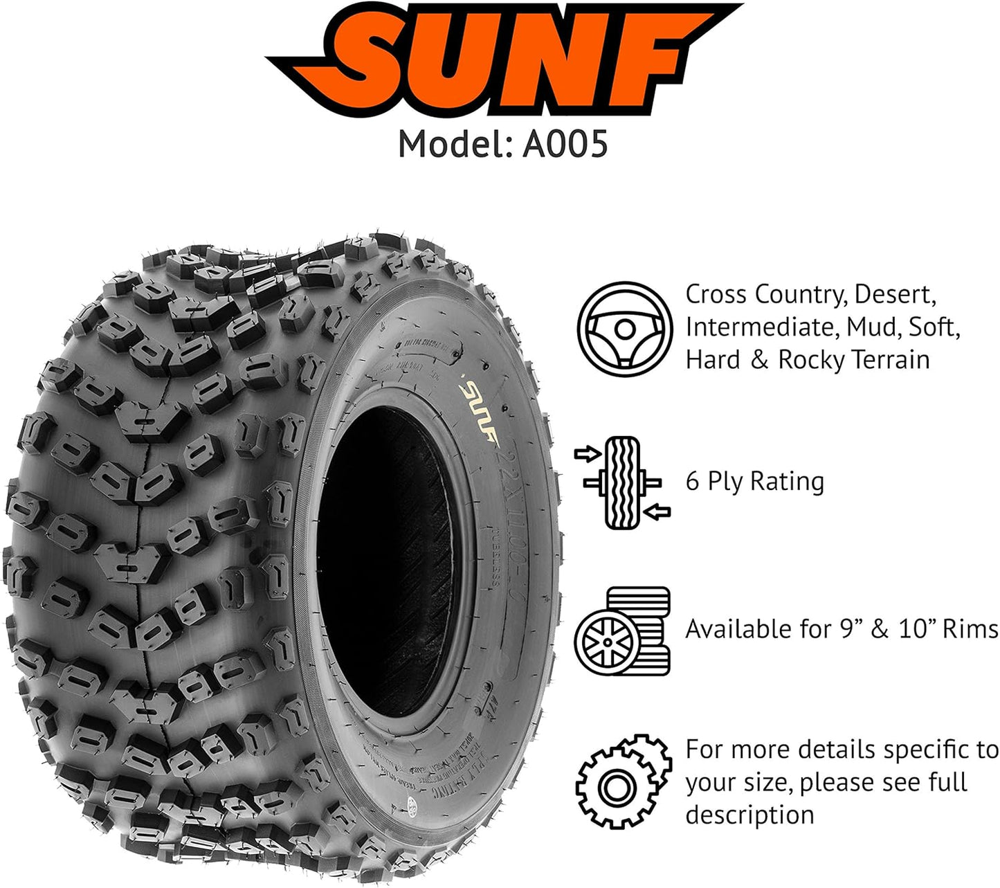 SunF 22x11-10 ATV UTV Tire 22x11x10 Dimple Knobby 6 PR A005 - PAIR of 2